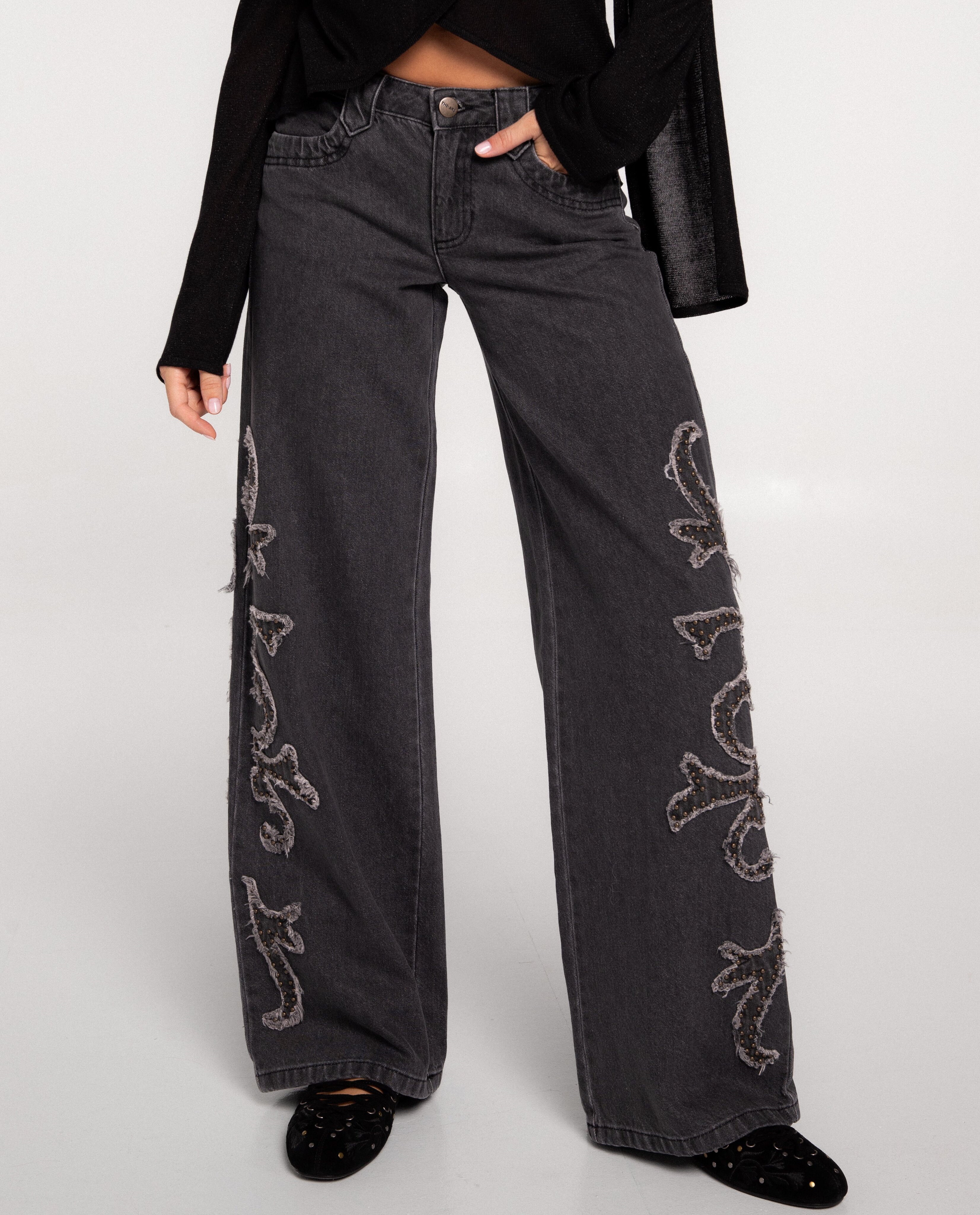 Calças Jeans com Corte a Direito e Tachas Cinzento-3