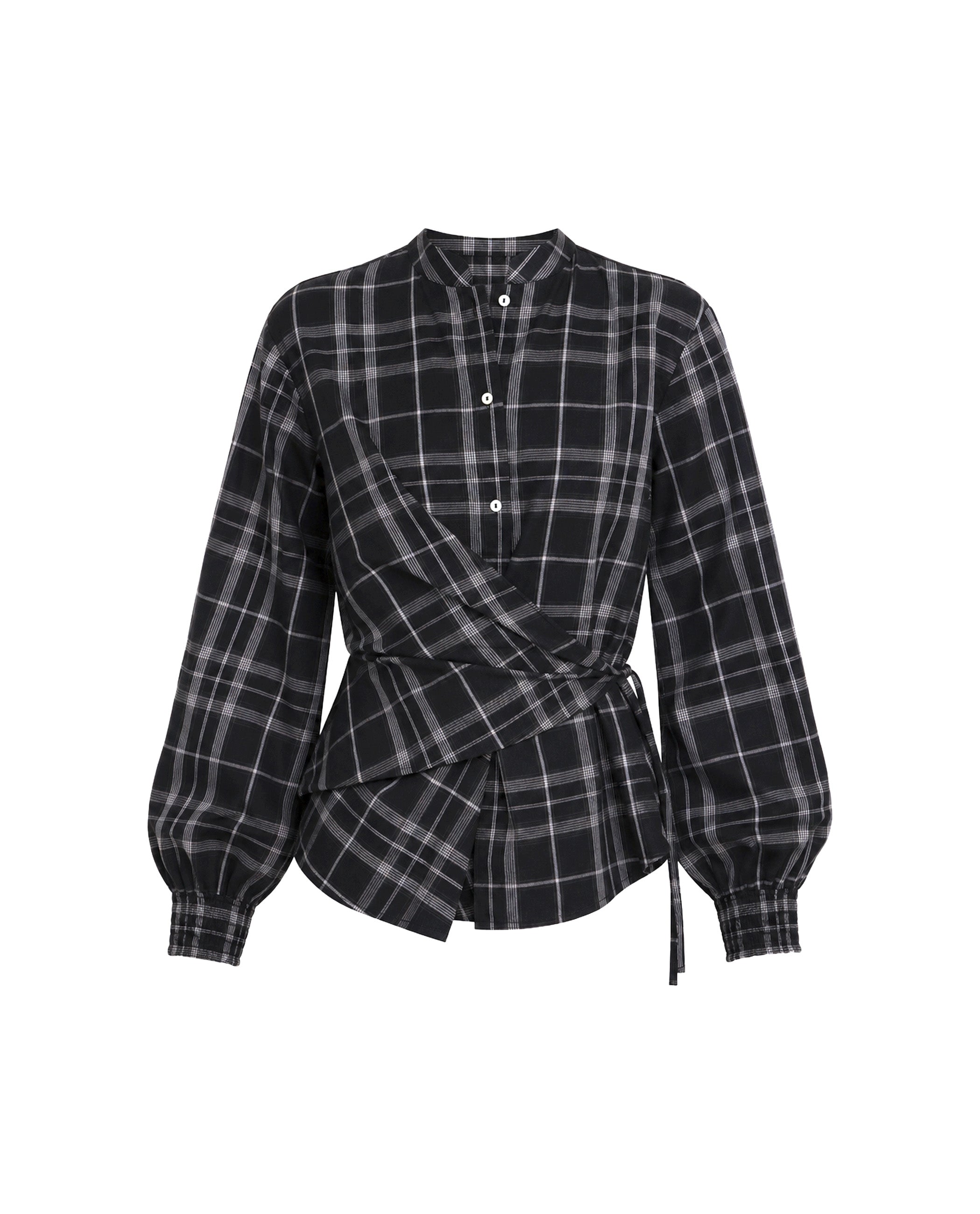 Blusa Aos Quadrados com Nó Multiposições Cinzento-5