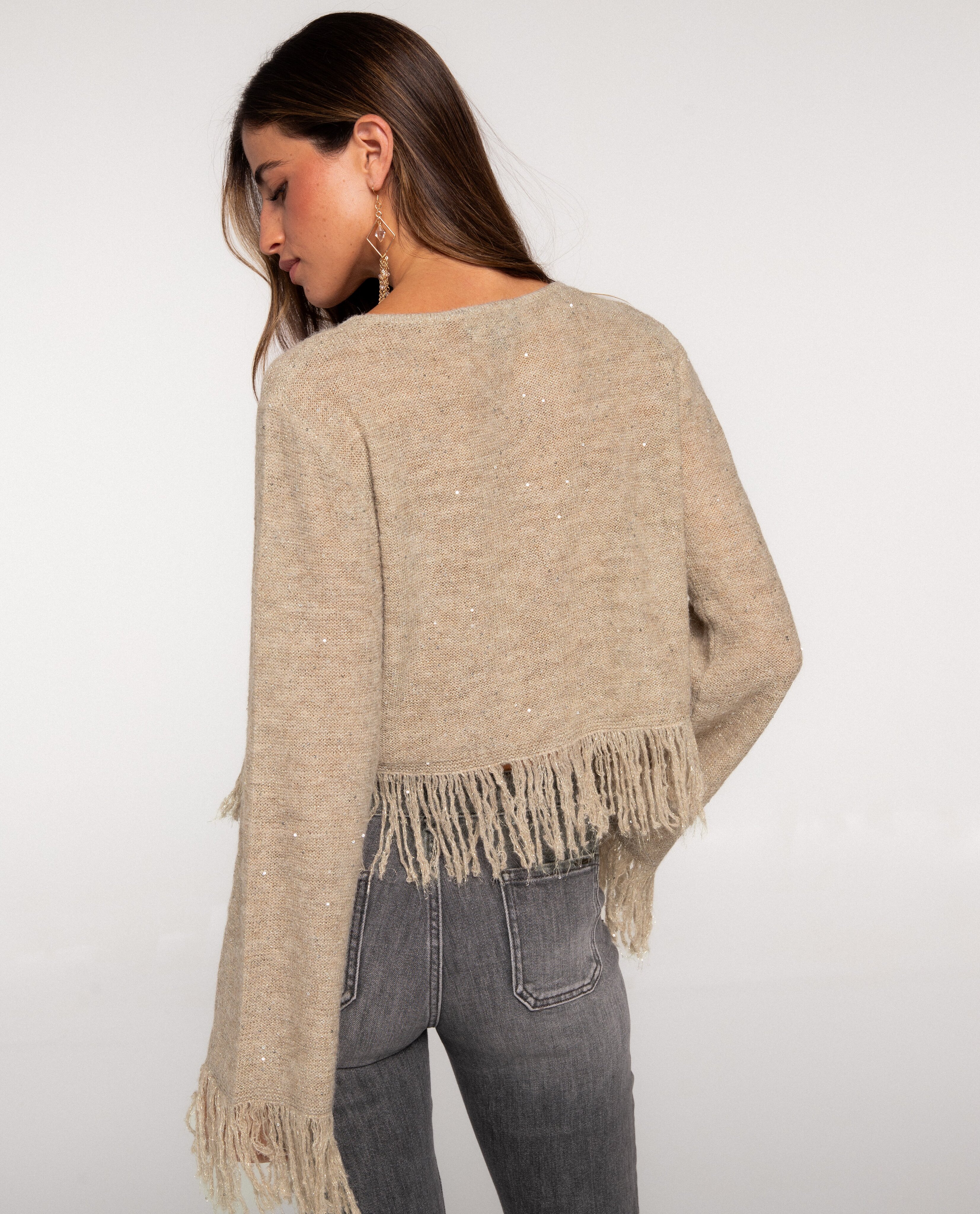 Casaco Tipo Cardigan de Malha com Franjas Pedra-3