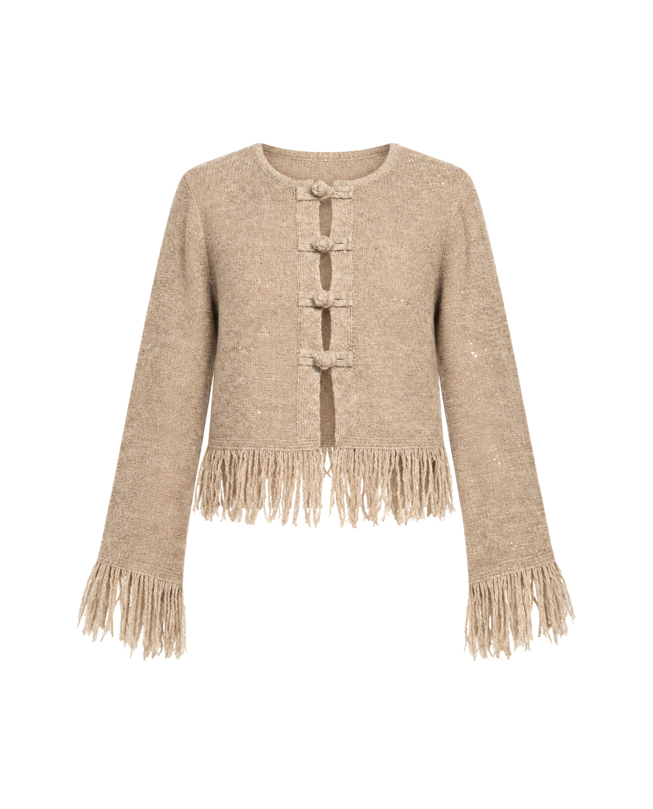 Casaco Tipo Cardigan de Malha com Franjas Pedra-6