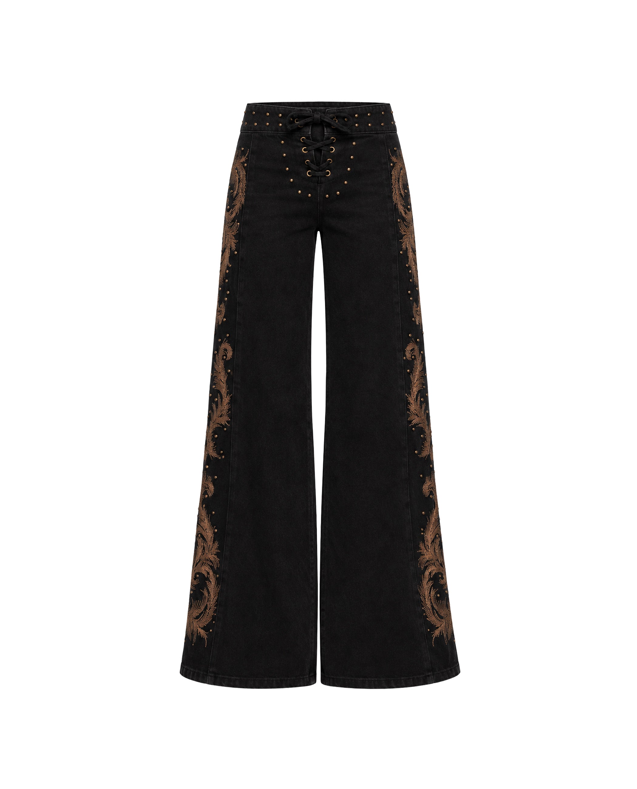 Calças Jeans Largas de Cintura Média Preto-6