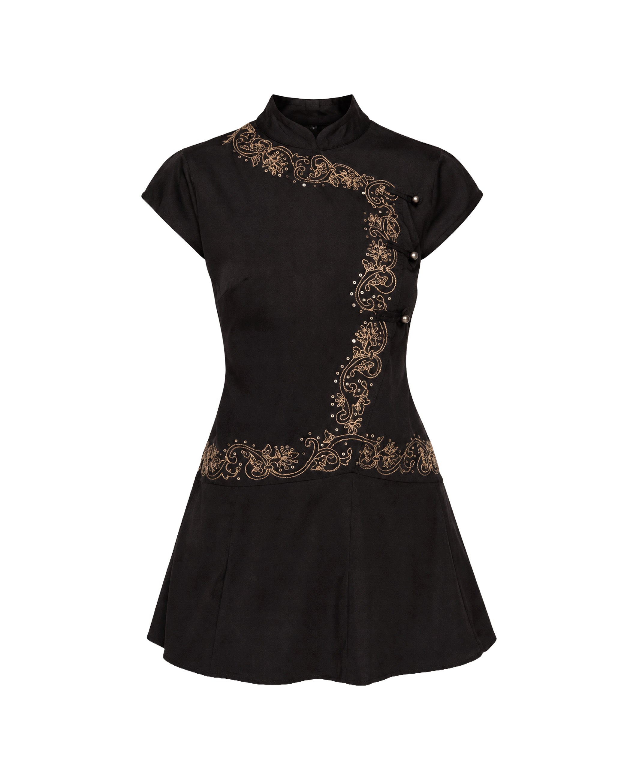 Vestido Curto com Gola À Padre e Bordados Ouro-6
