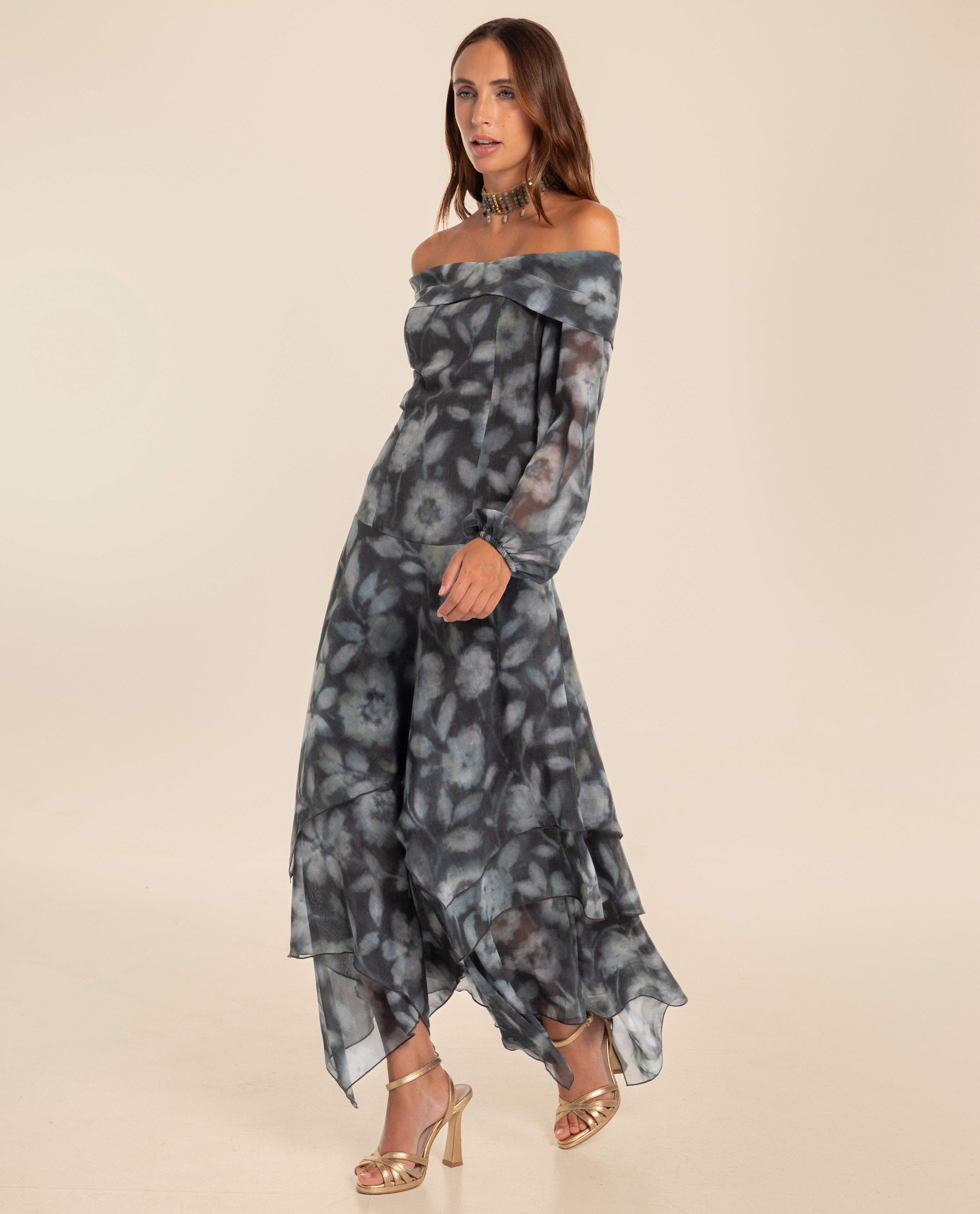 Imagem 0 de Vestido Midi de Gase com Decote Bardot
