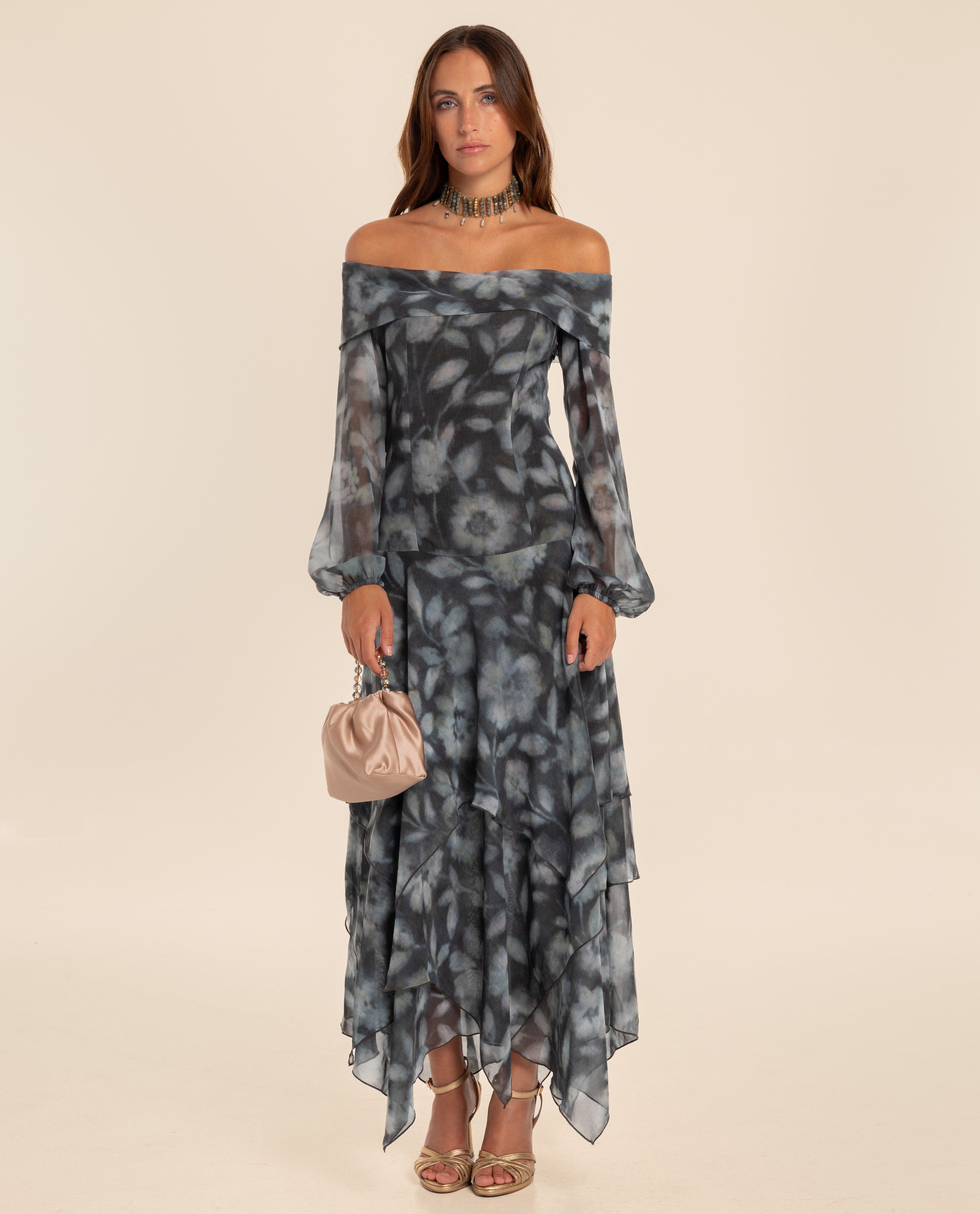Vestido Midi de Gase com Decote Bardot Azul-marinho-2