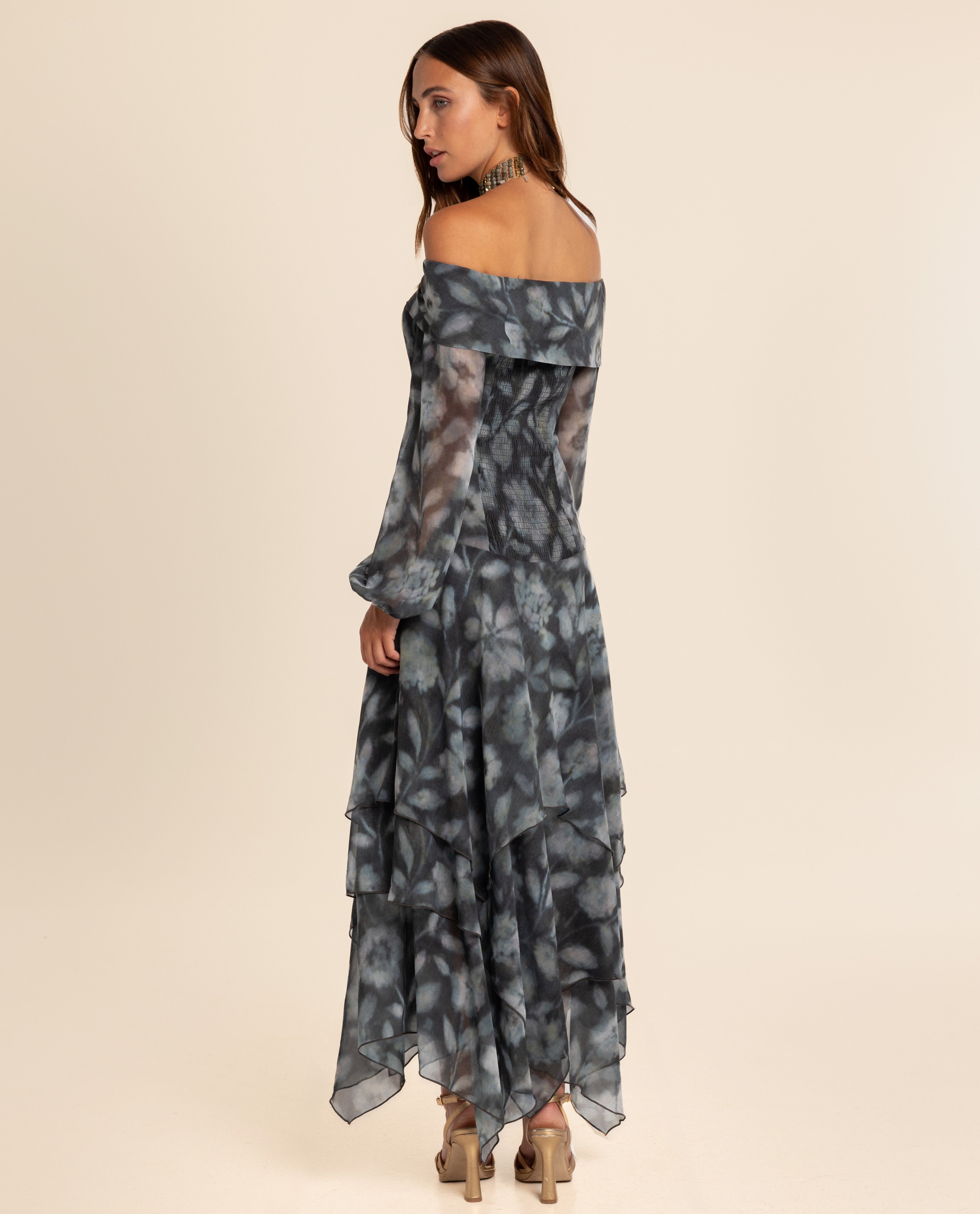 Vestido Midi de Gase com Decote Bardot Azul-marinho-3