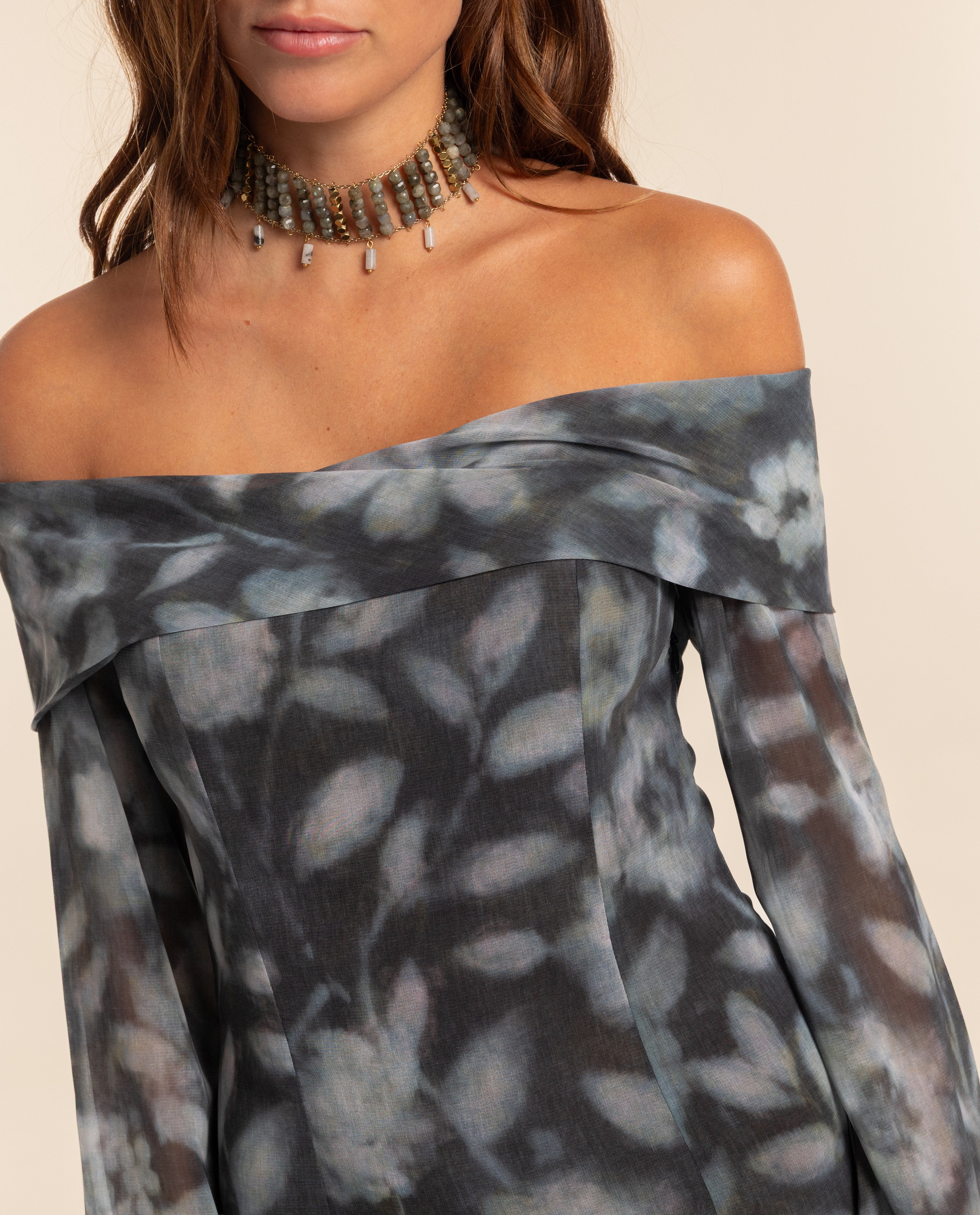 Vestido Midi de Gase com Decote Bardot Azul-marinho-4
