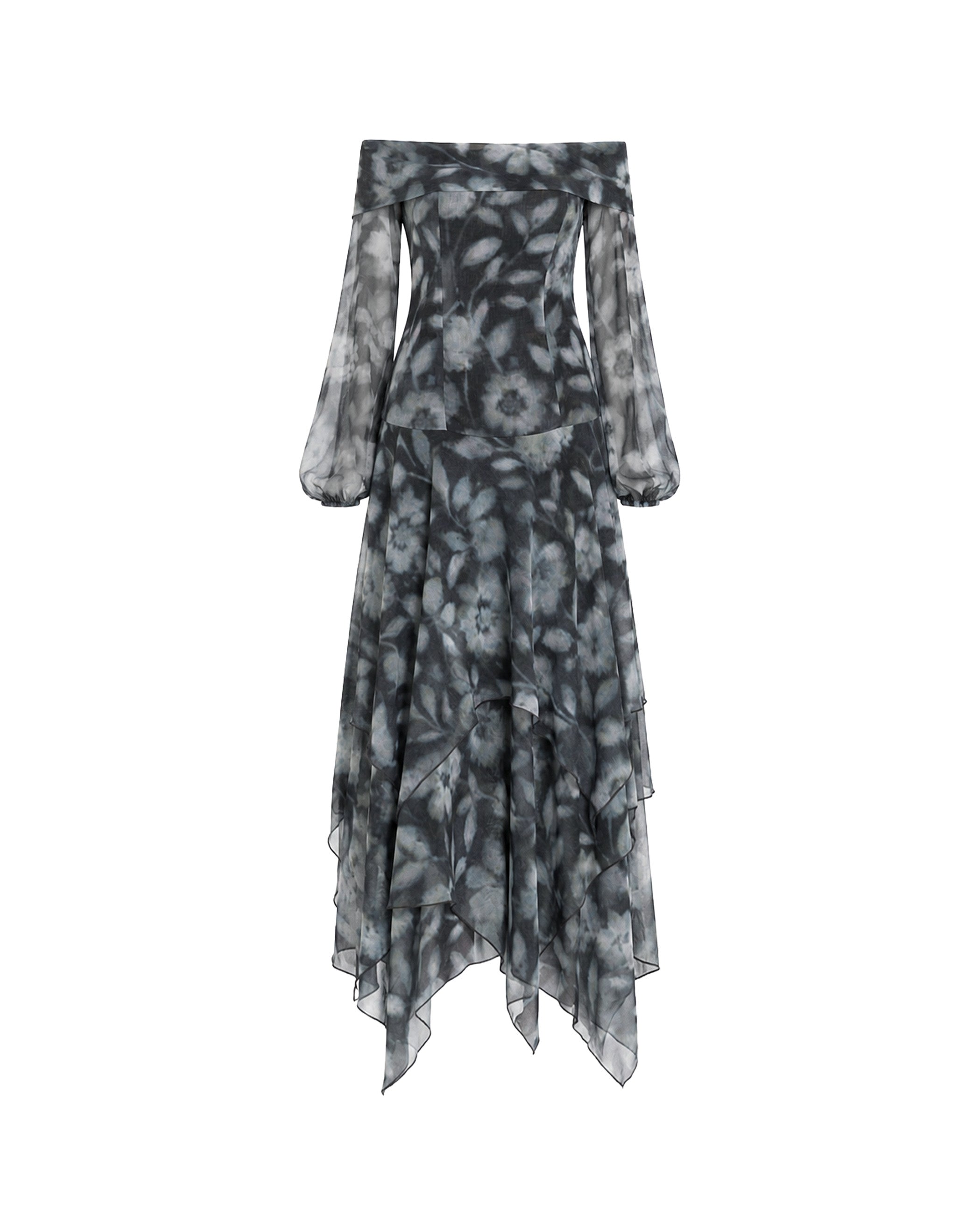 Vestido Midi de Gase com Decote Bardot Azul-marinho-5