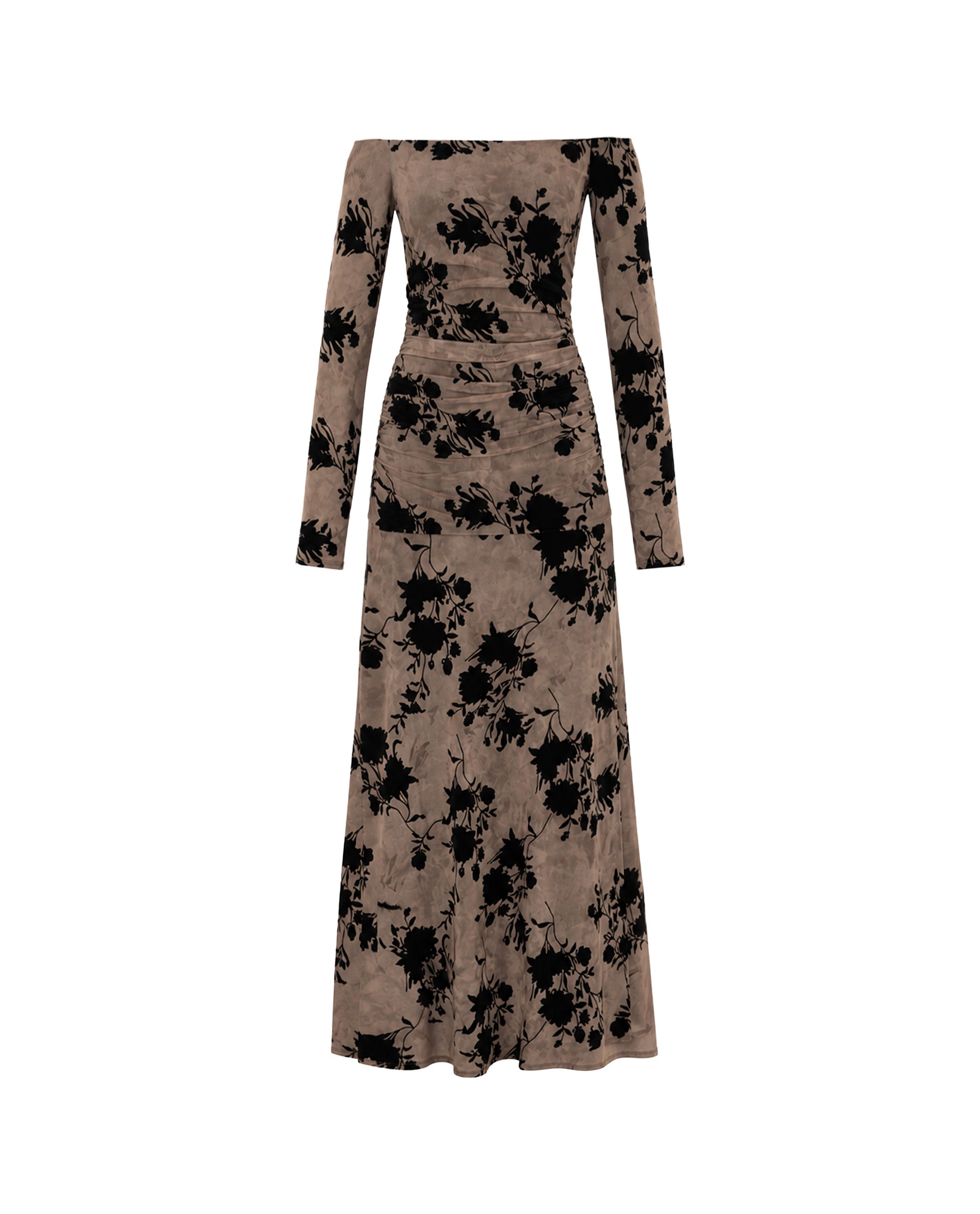 Vestido Comprido de Manga Comprida com Decote Bardot e Flores Flocadas Preto-5