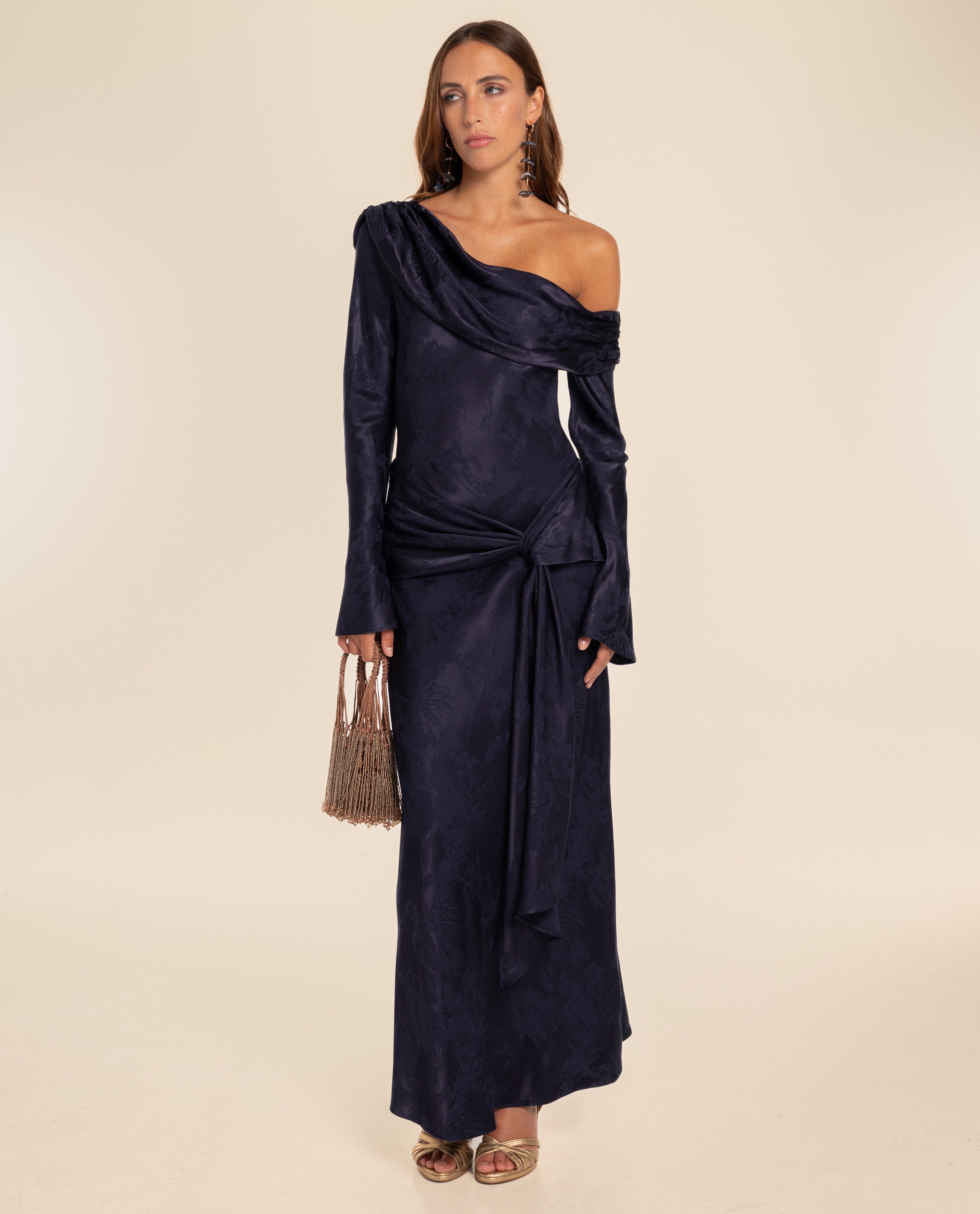 Imagem 0 de Vestido Comprido Drapeado de Jacquard