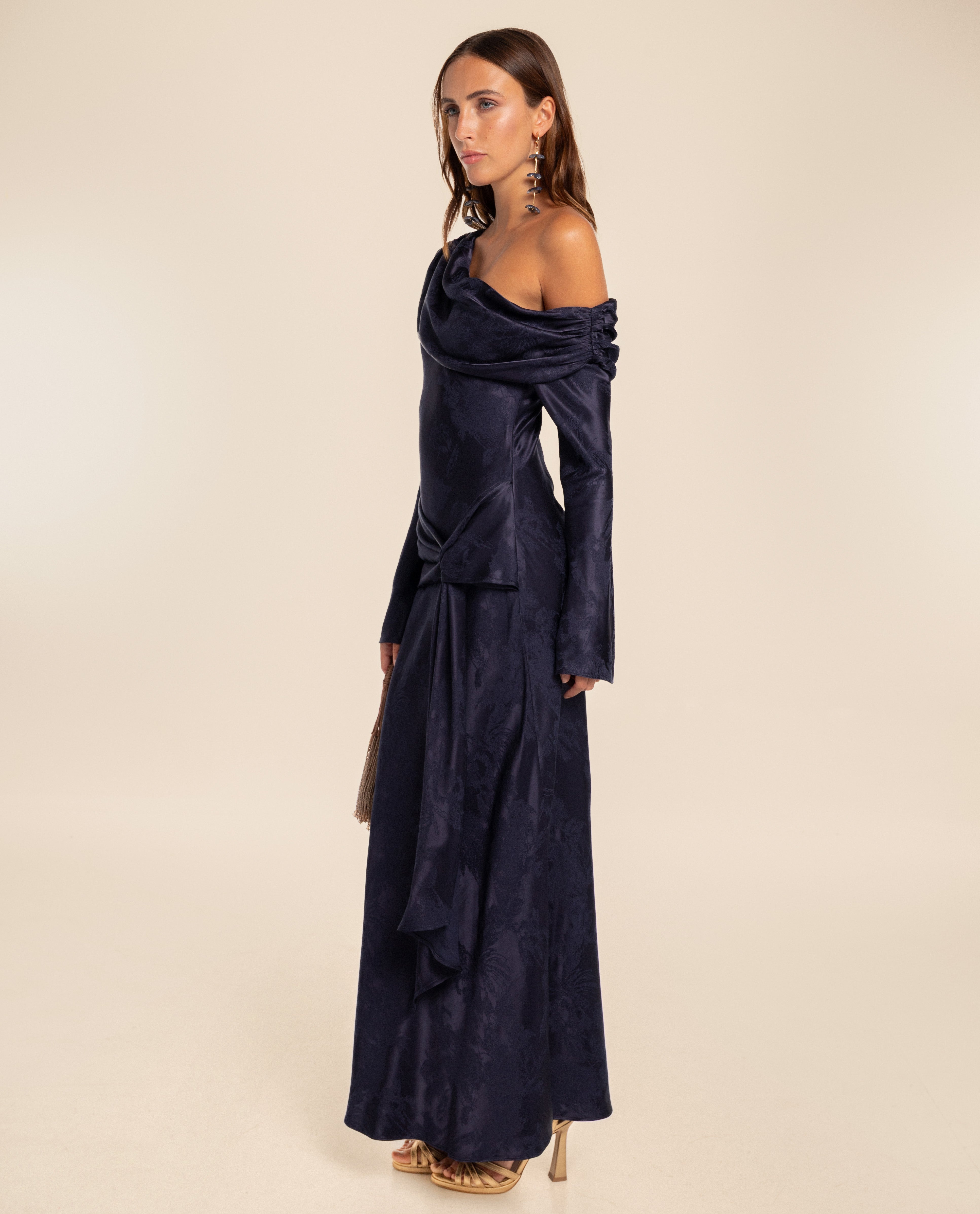 Vestido Comprido Drapeado de Jacquard Azul-marinho-2