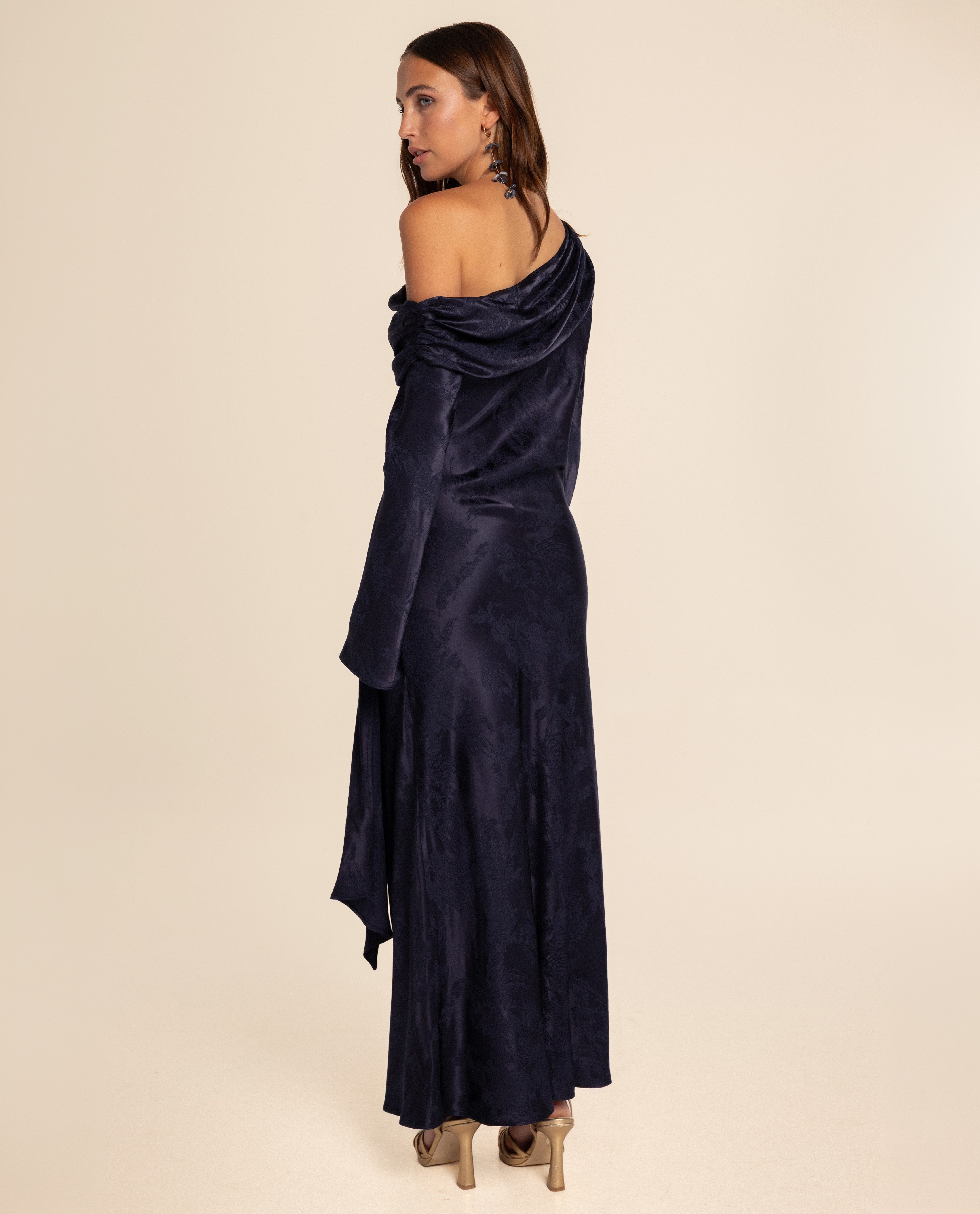 Vestido Comprido Drapeado de Jacquard Azul-marinho-3
