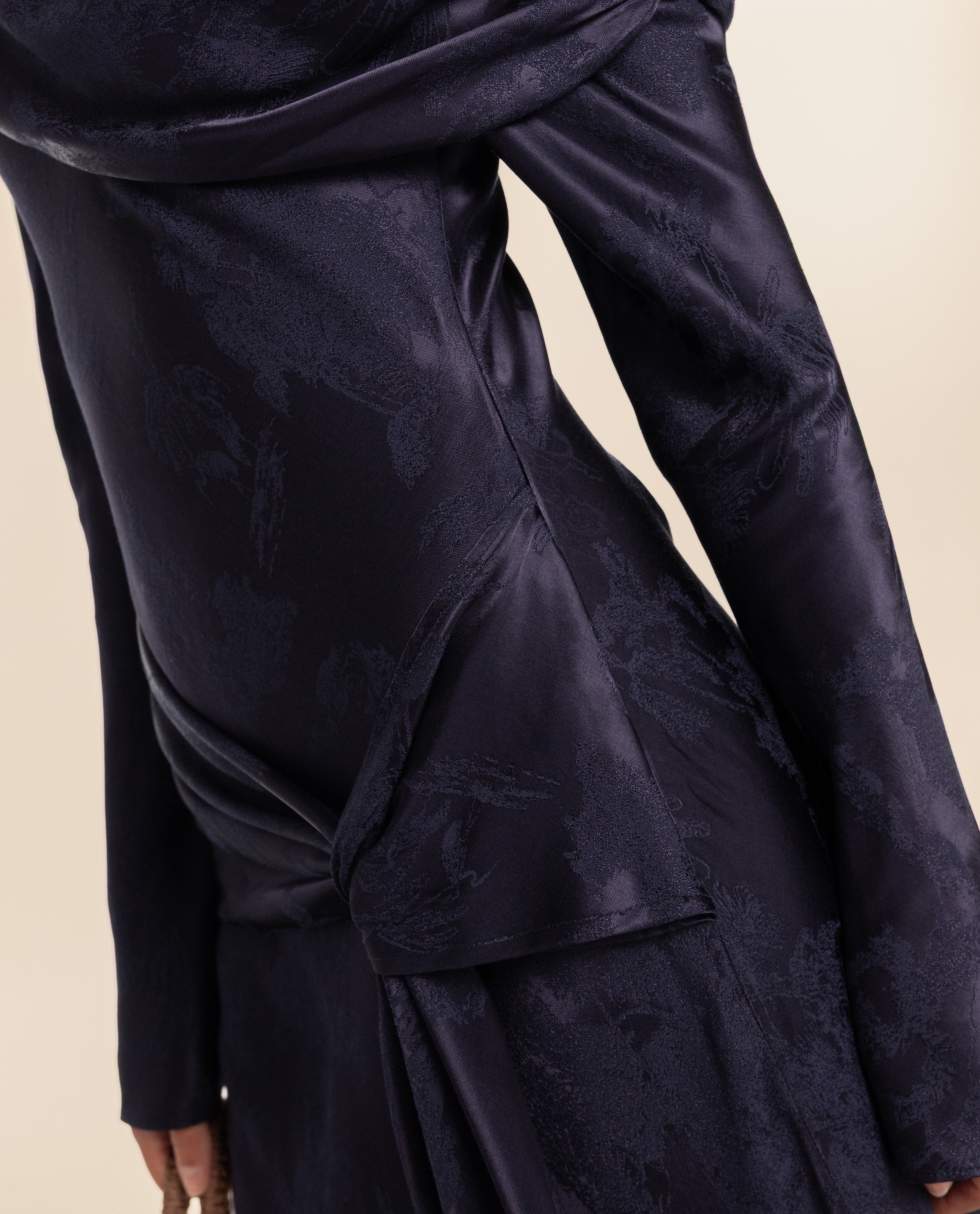 Vestido Comprido Drapeado de Jacquard Azul-marinho-4