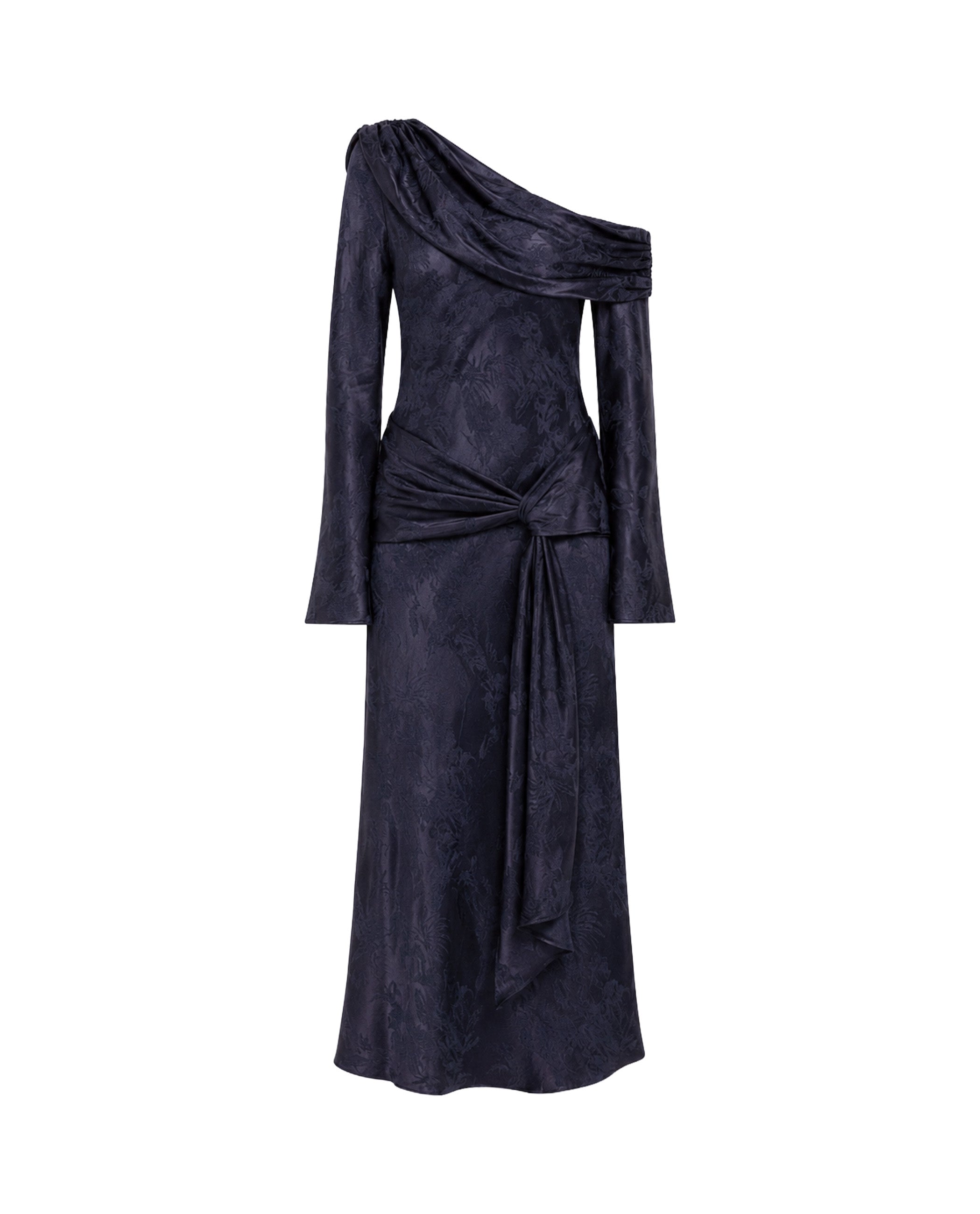 Vestido Comprido Drapeado de Jacquard Azul-marinho-5