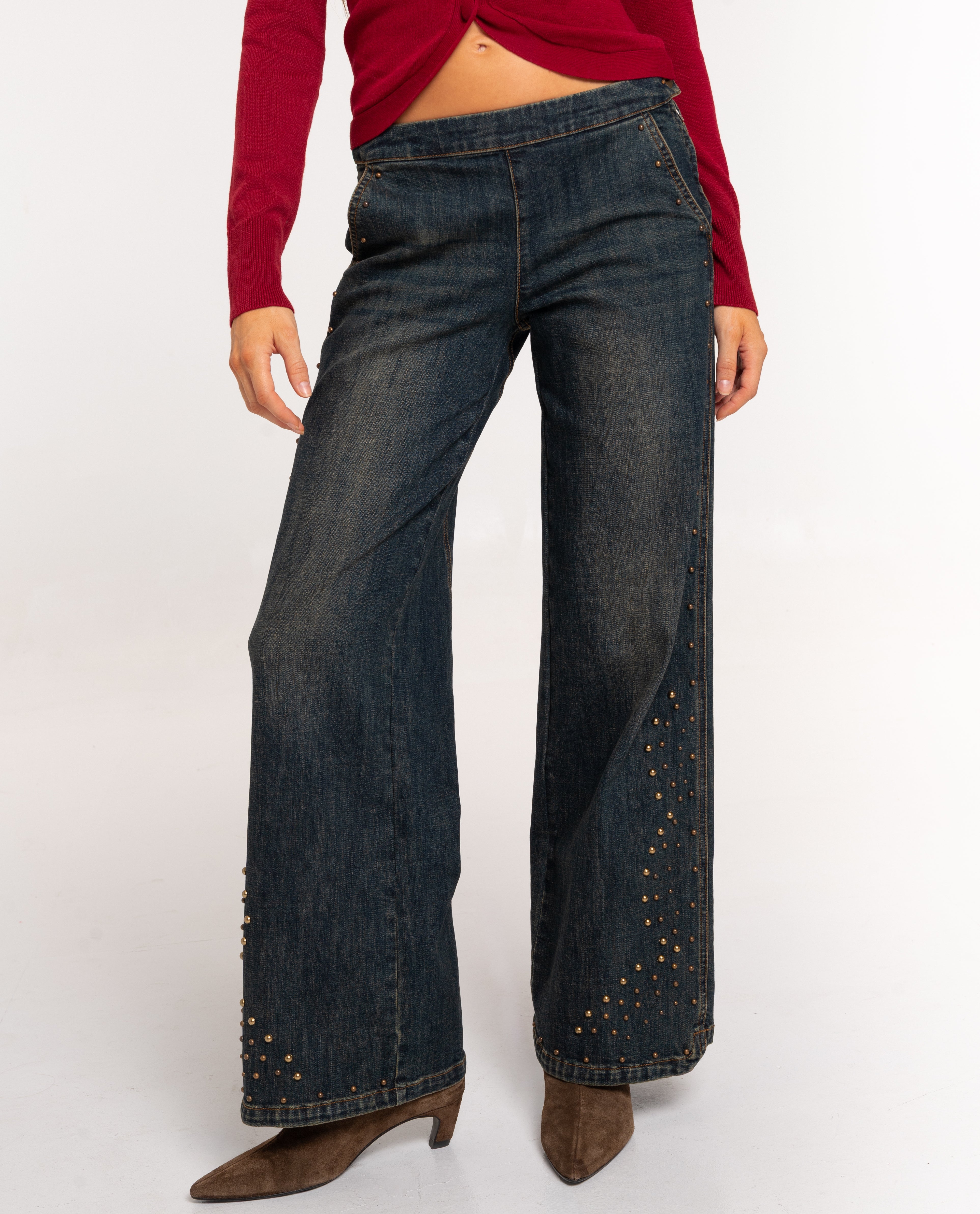 Calças Jeans com Corte a Direito Compridas de Cintura Média Azul-2