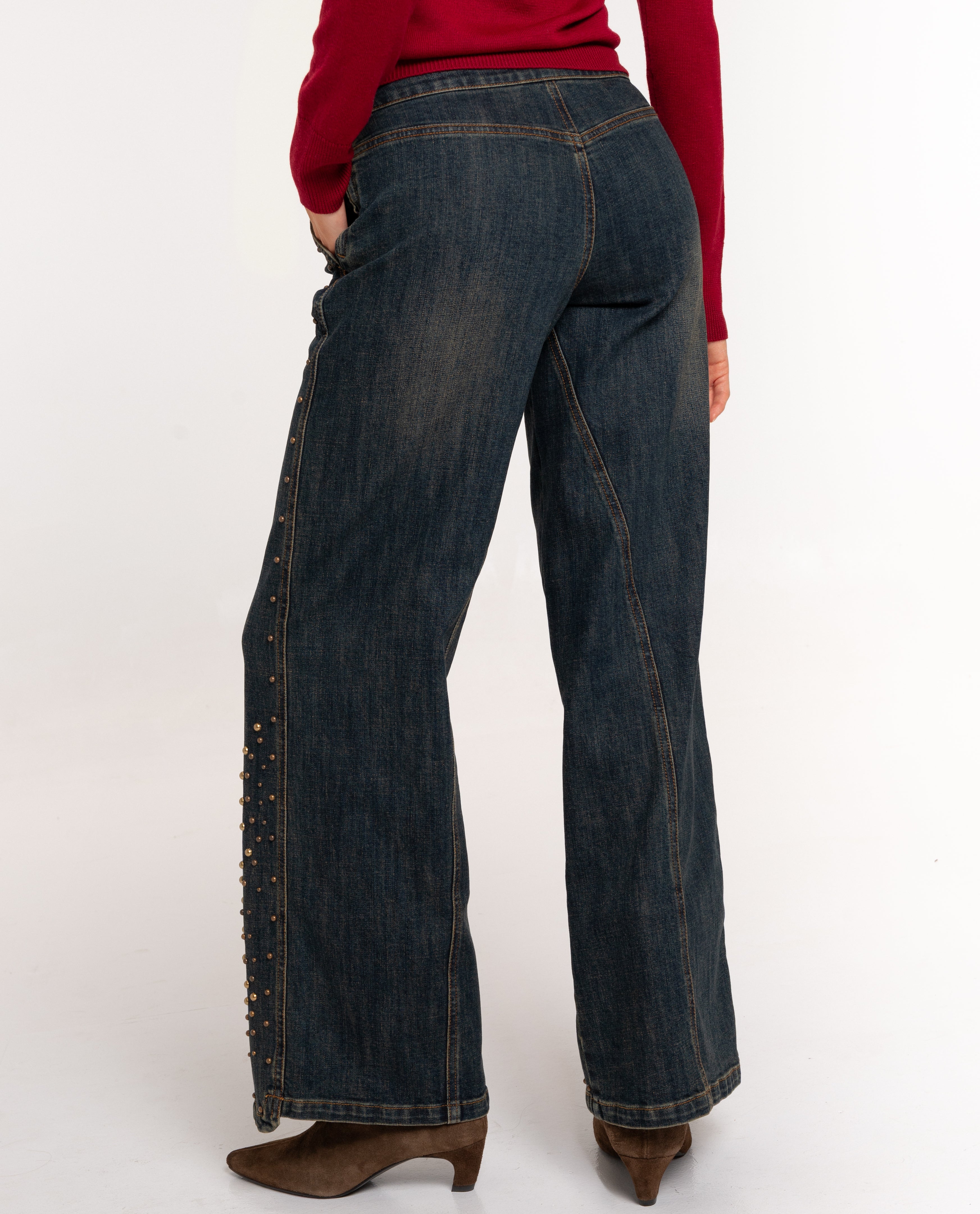 Calças Jeans com Corte a Direito Compridas de Cintura Média Azul-3