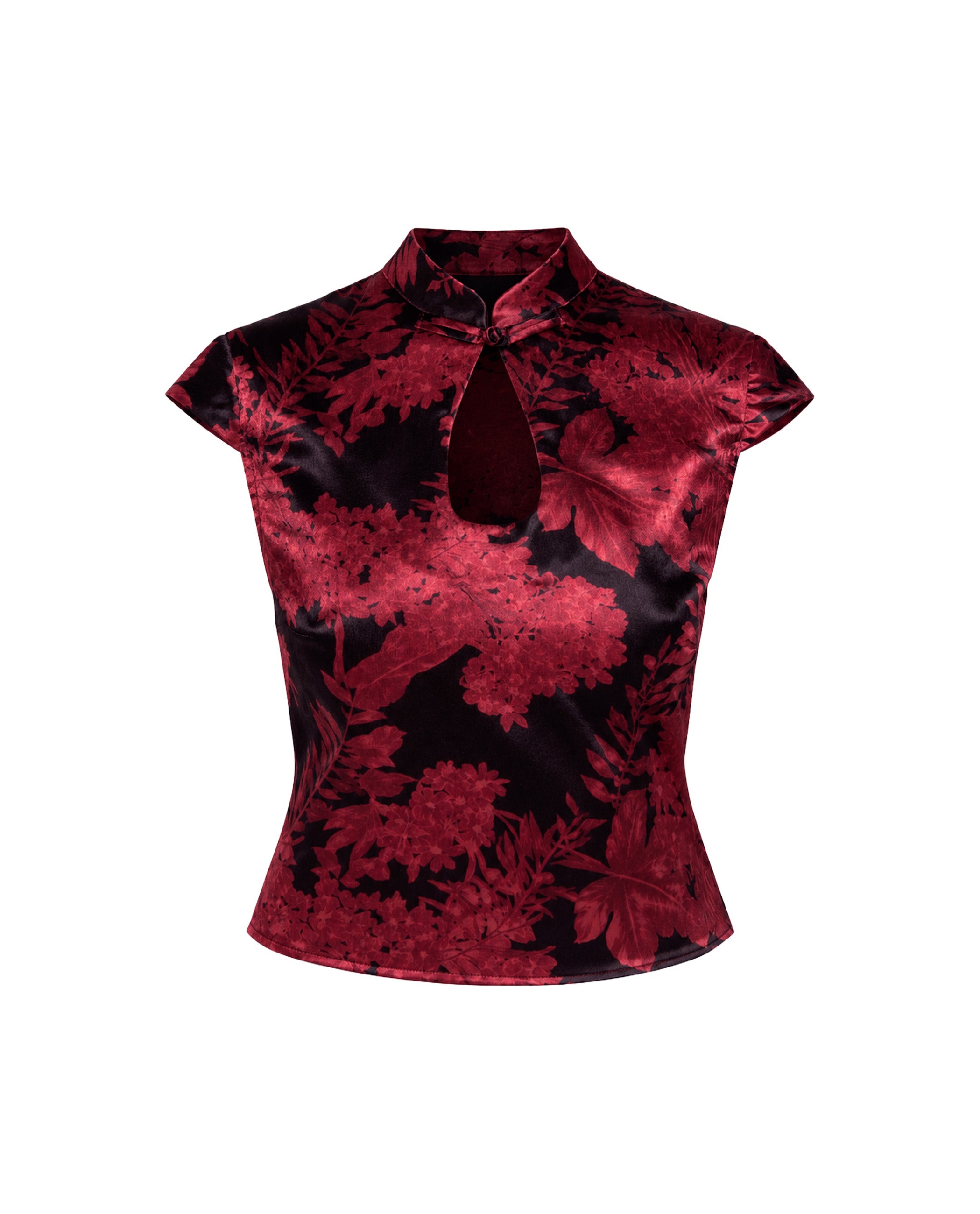 Top Curto Estilo Qipao com Gola À Padre Vermelho-6