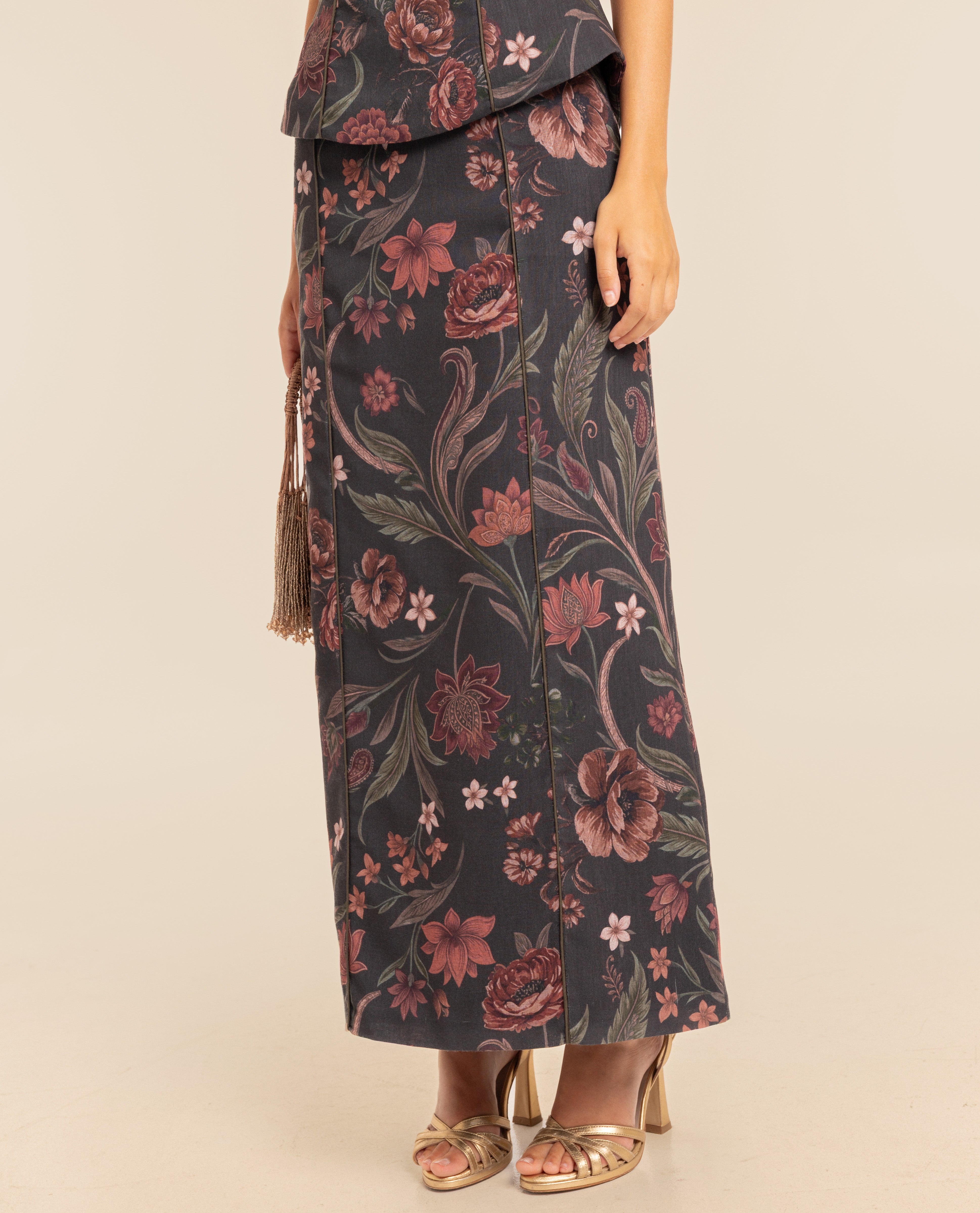 Saia Midi Estampada com Linho Vermelho-2