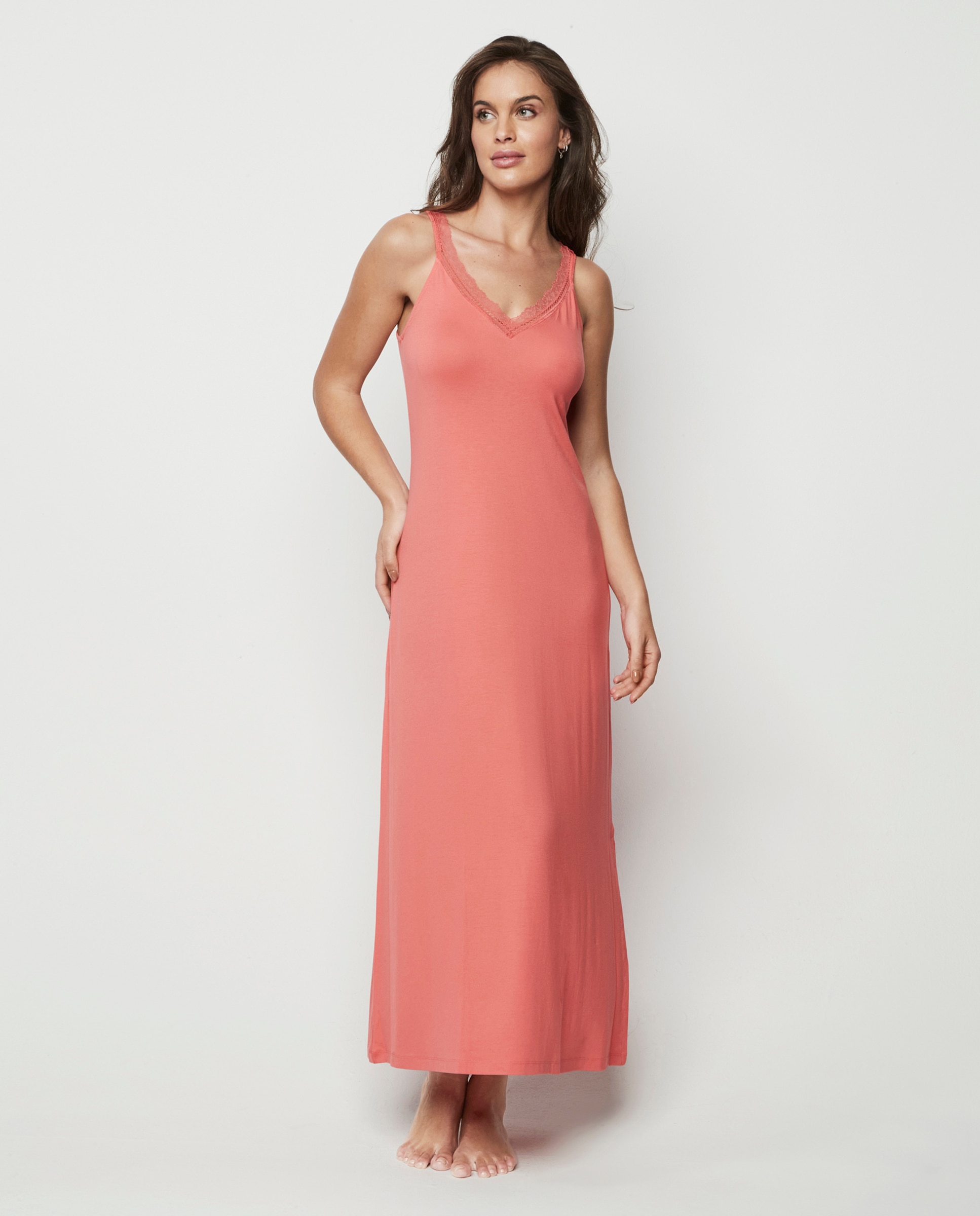 Camisola de Dormir Comprida com Renda no Decote Coral-1