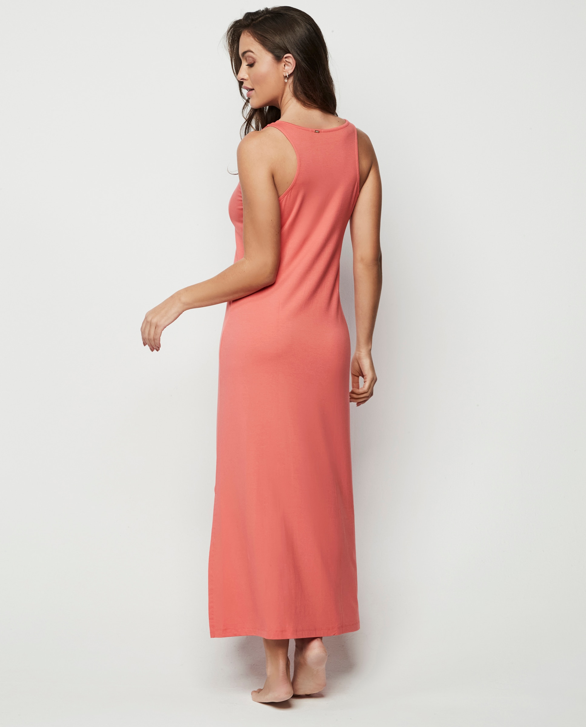 Camisola de Dormir Comprida com Renda no Decote Coral-2