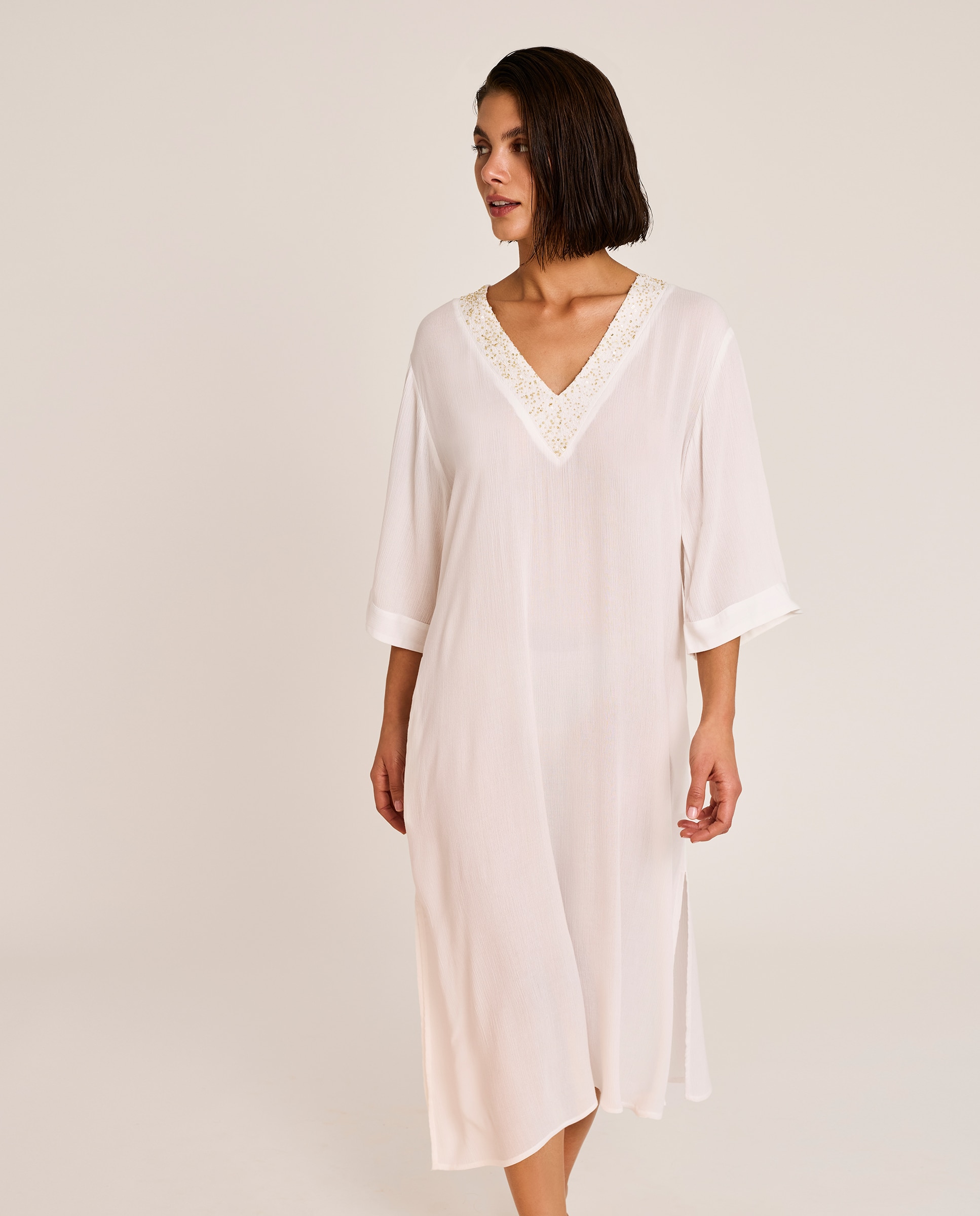 Vestido de Praia Comprido com Decote em V, Coleção Solstice Branco-1