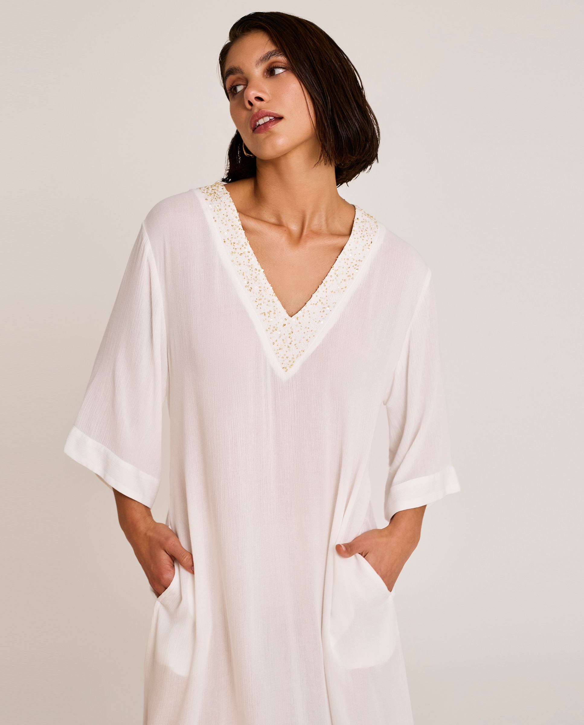 Vestido de Praia Comprido com Decote em V, Coleção Solstice Branco-3