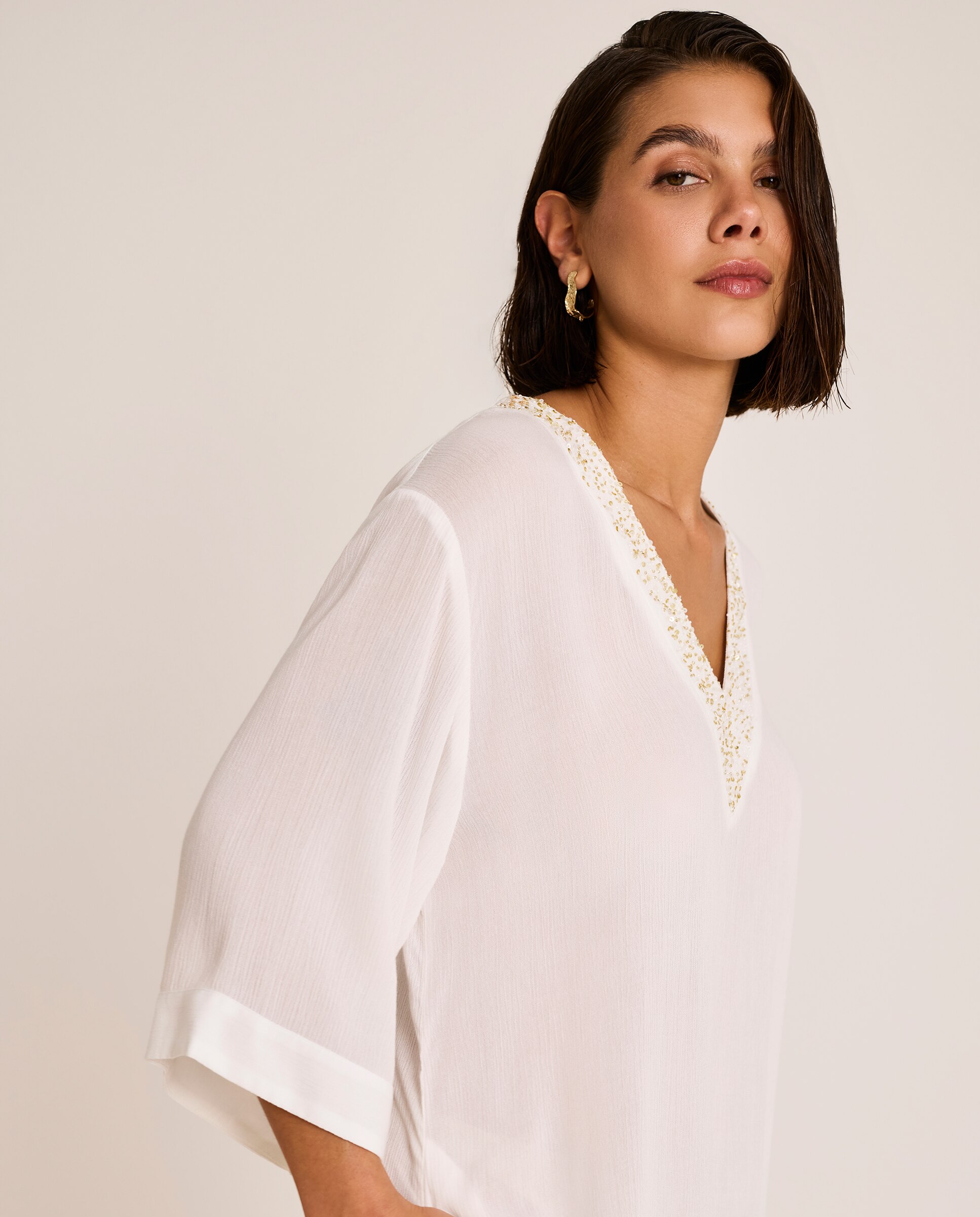 Vestido de Praia Comprido com Decote em V, Coleção Solstice Branco-4