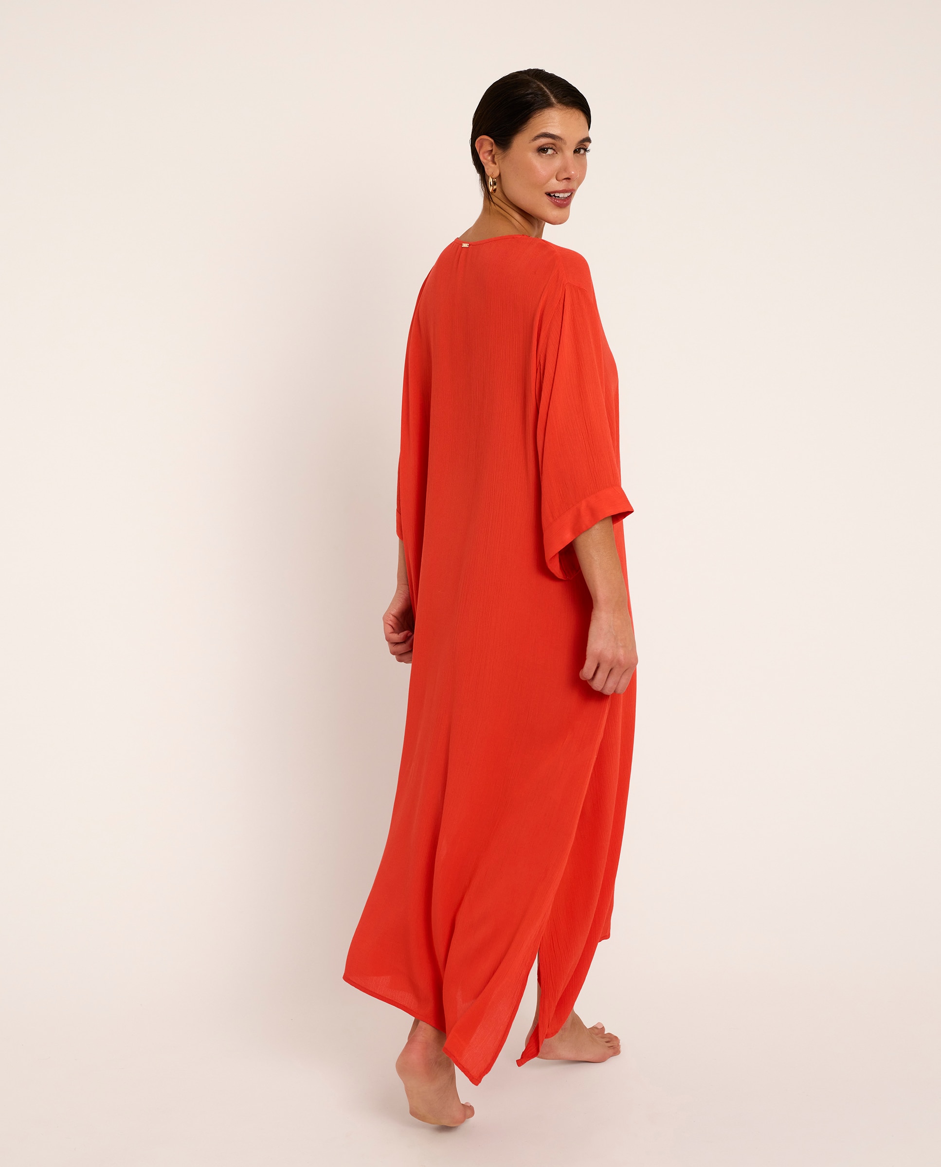Vestido de Praia Comprido com Decote em V, Coleção Solstice Coral-2