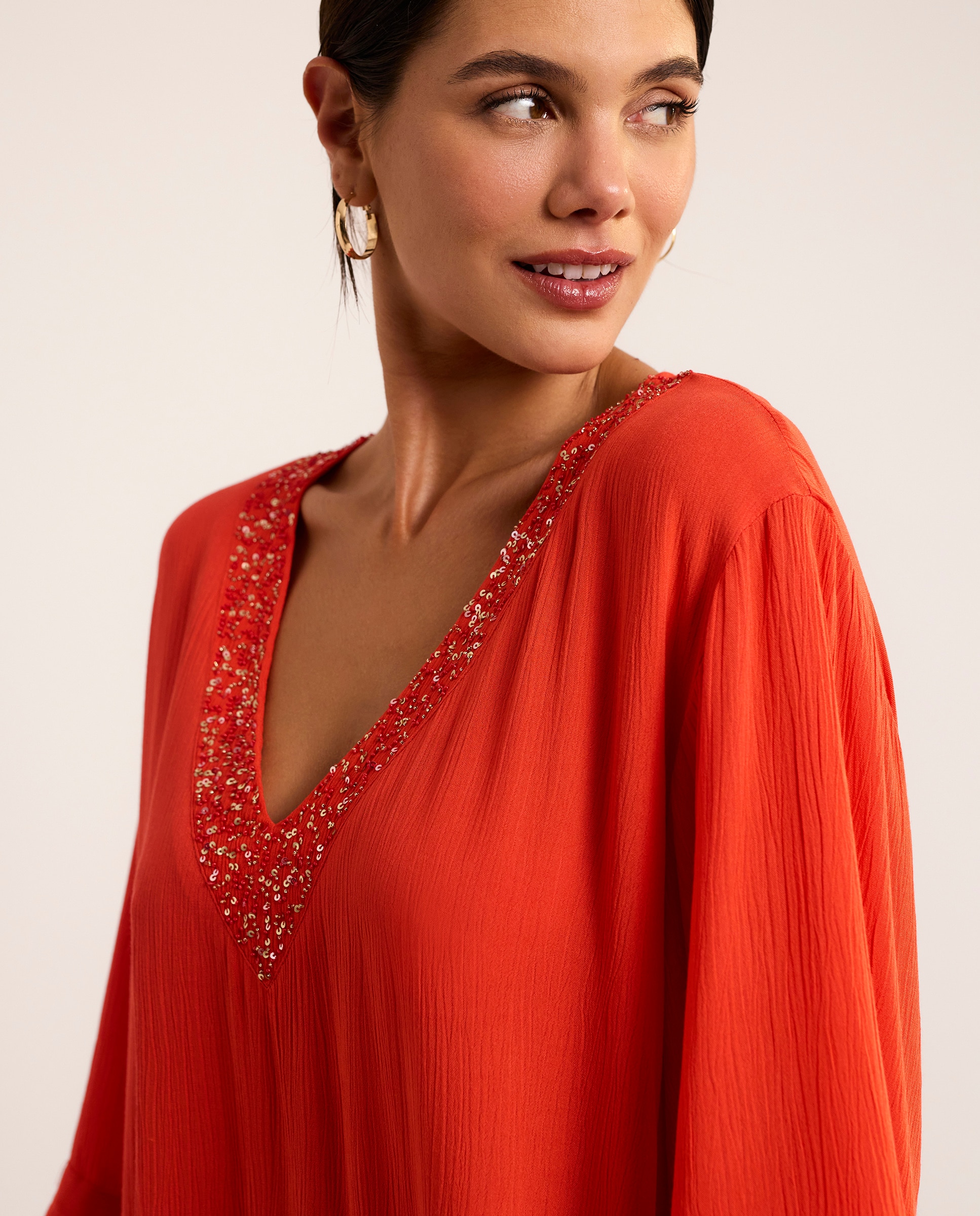 Vestido de Praia Comprido com Decote em V, Coleção Solstice Coral-3