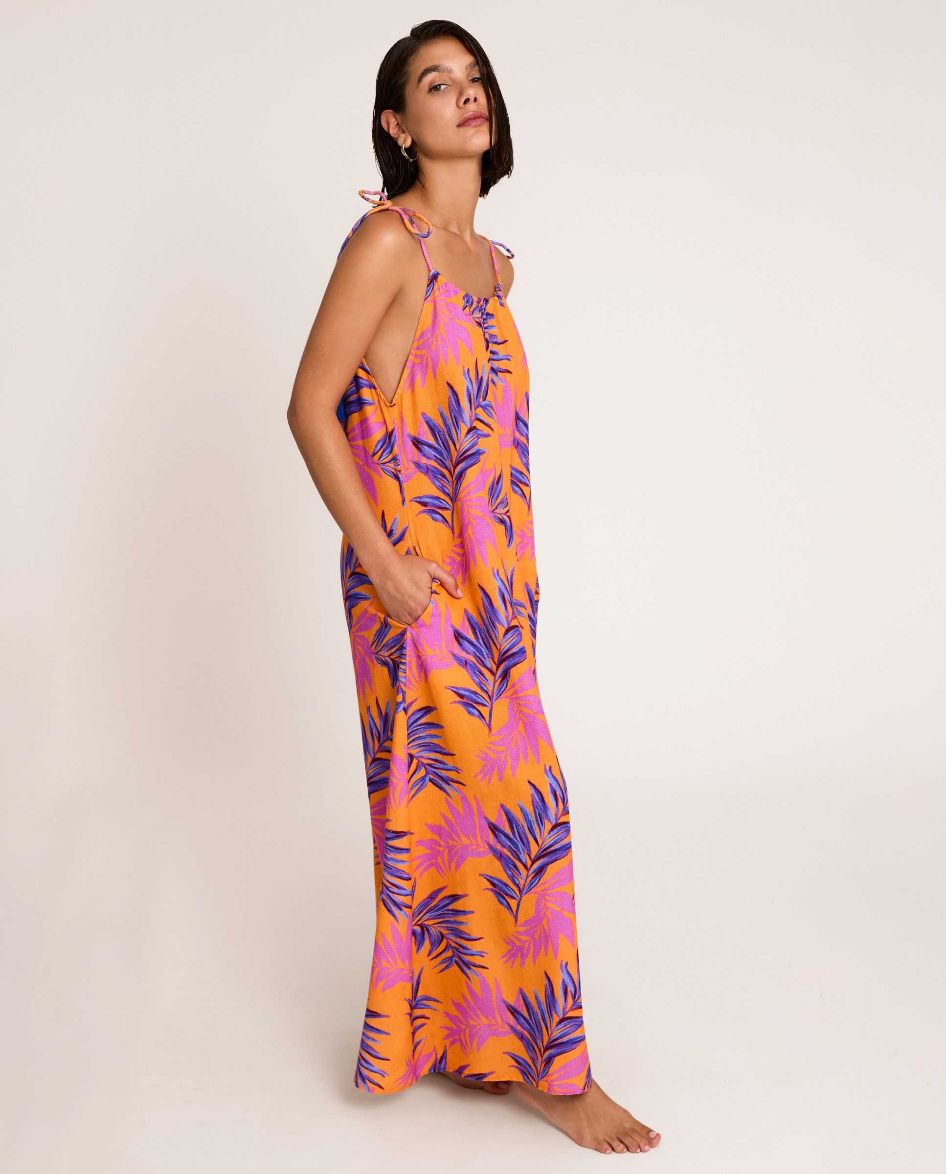 Vestido de Praia Comprido Fluido com Alça Fina, Coleção Calypso Multicolor-3