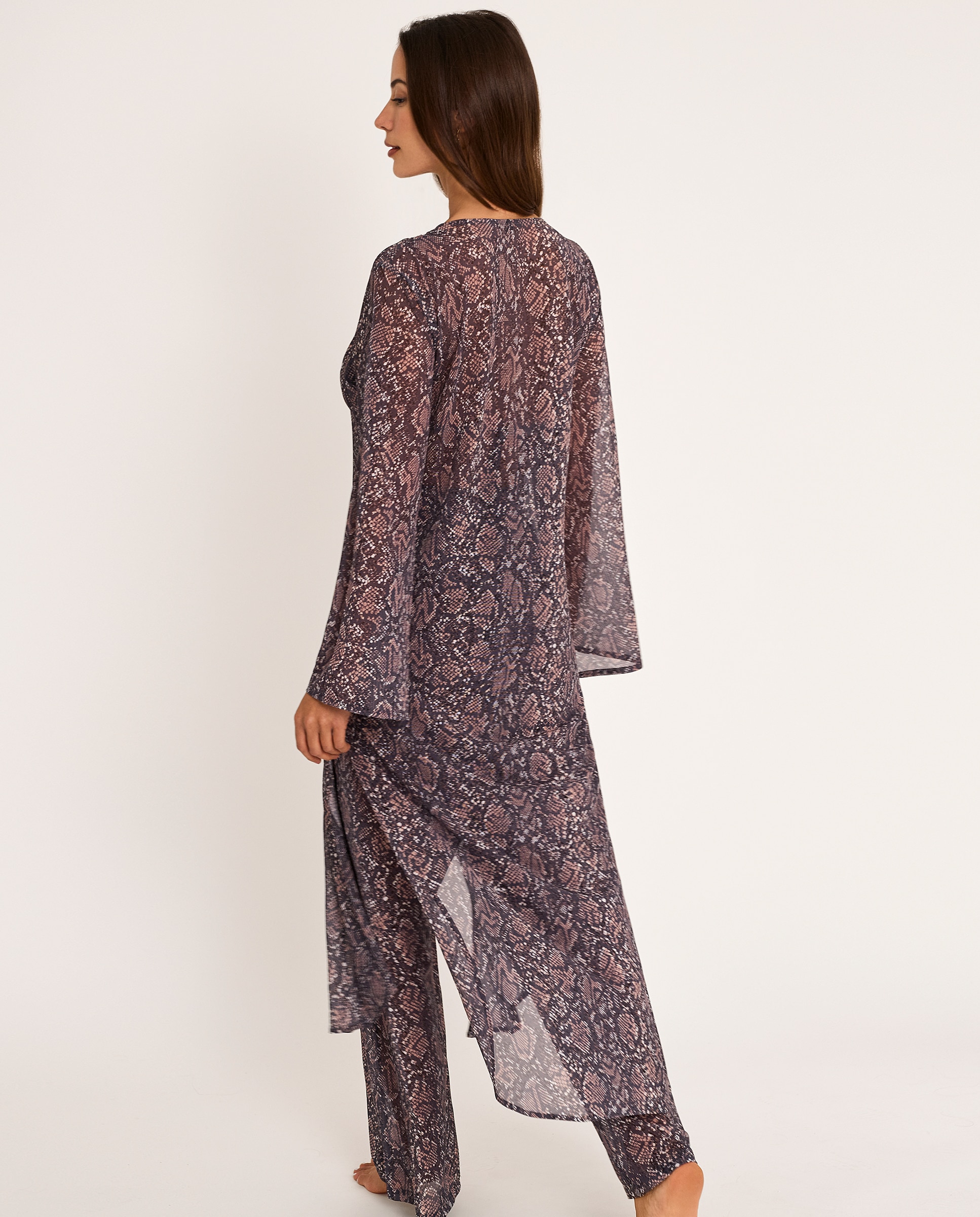 Vestido de Praia, Duas Peças Kimono e Calças Compridas, Coleção Índigo Estampado-2
