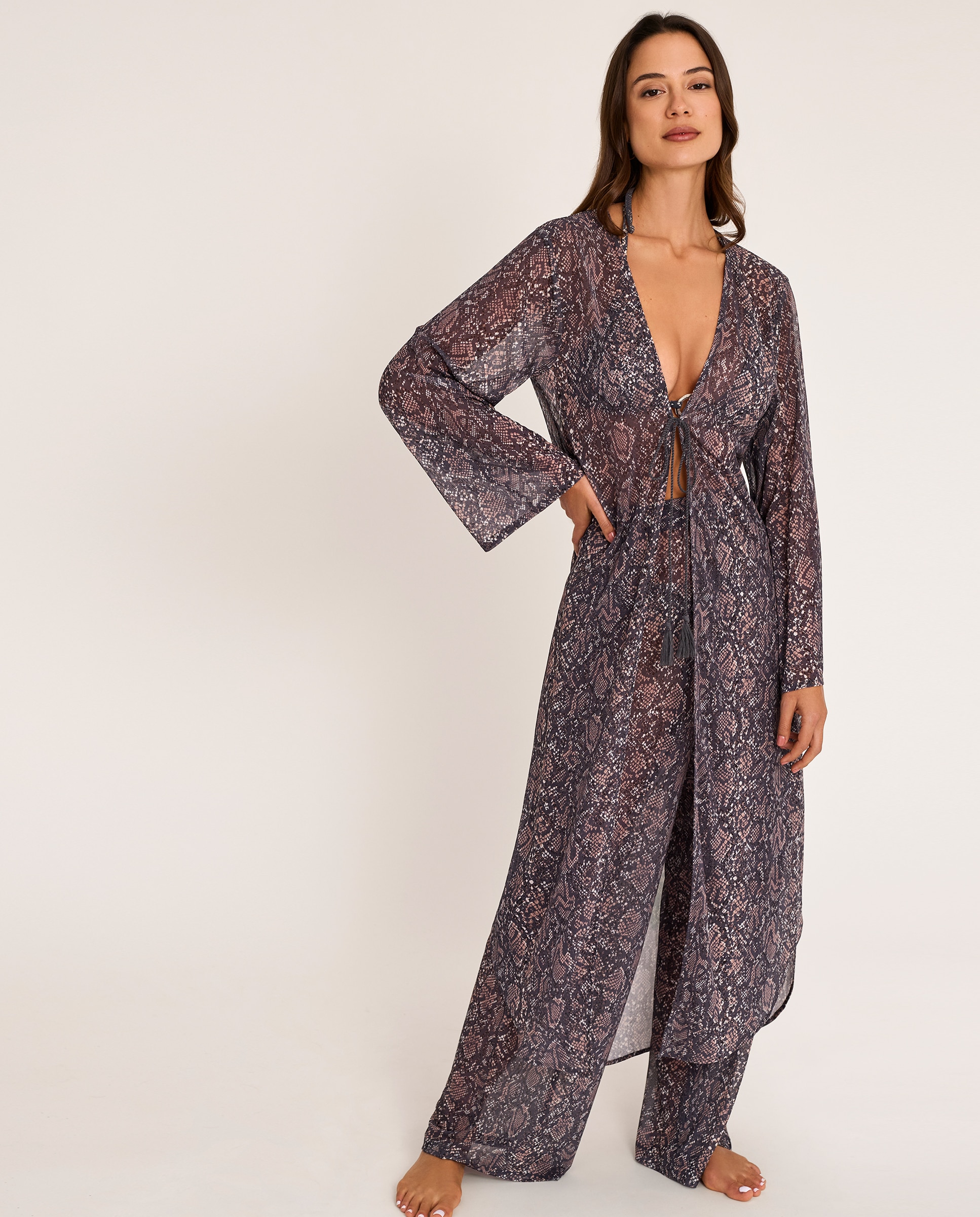 Vestido de Praia, Duas Peças Kimono e Calças Compridas, Coleção Índigo Estampado-3