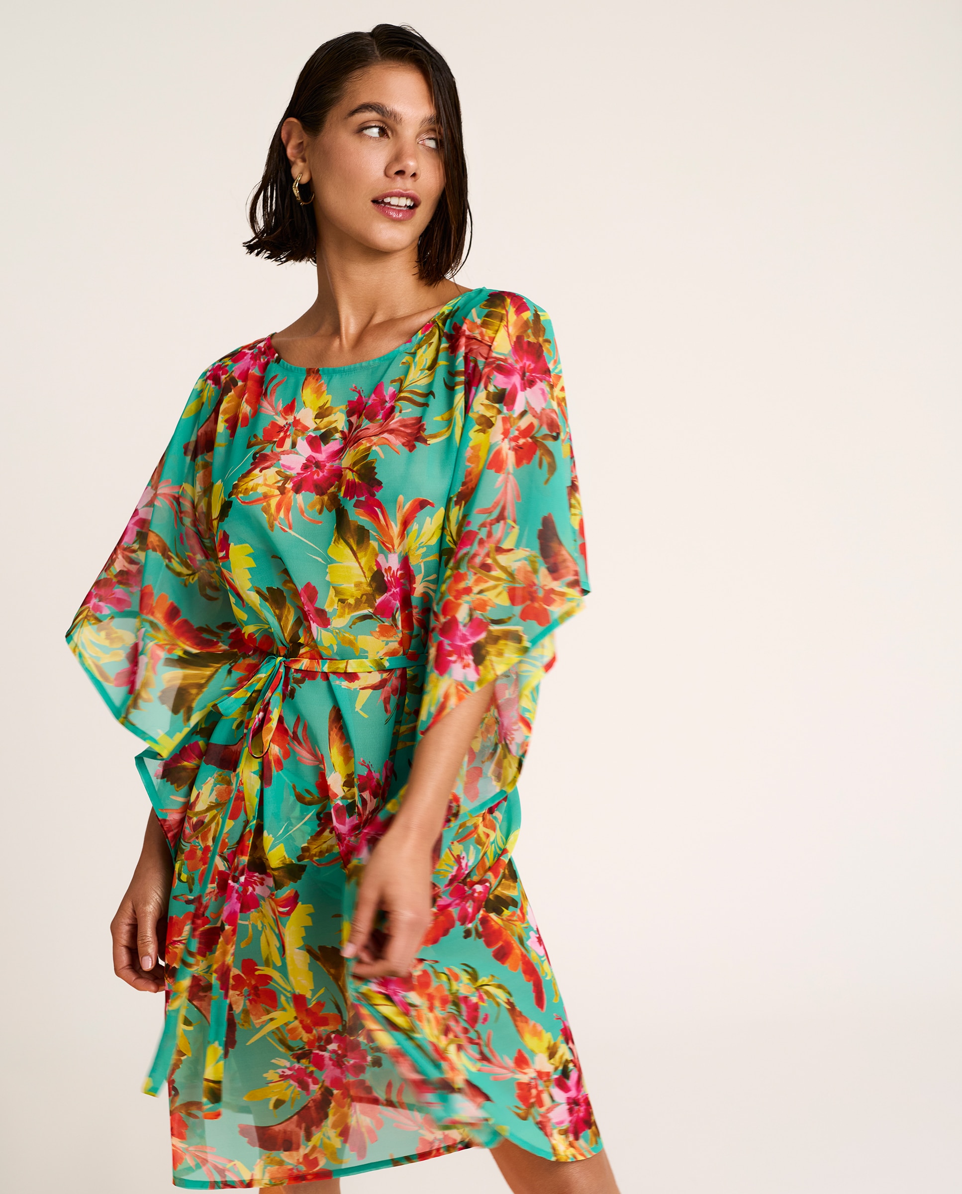 Kaftan Curto com Cinto Manga Morcego, Coleção Trópico Multicolor-1