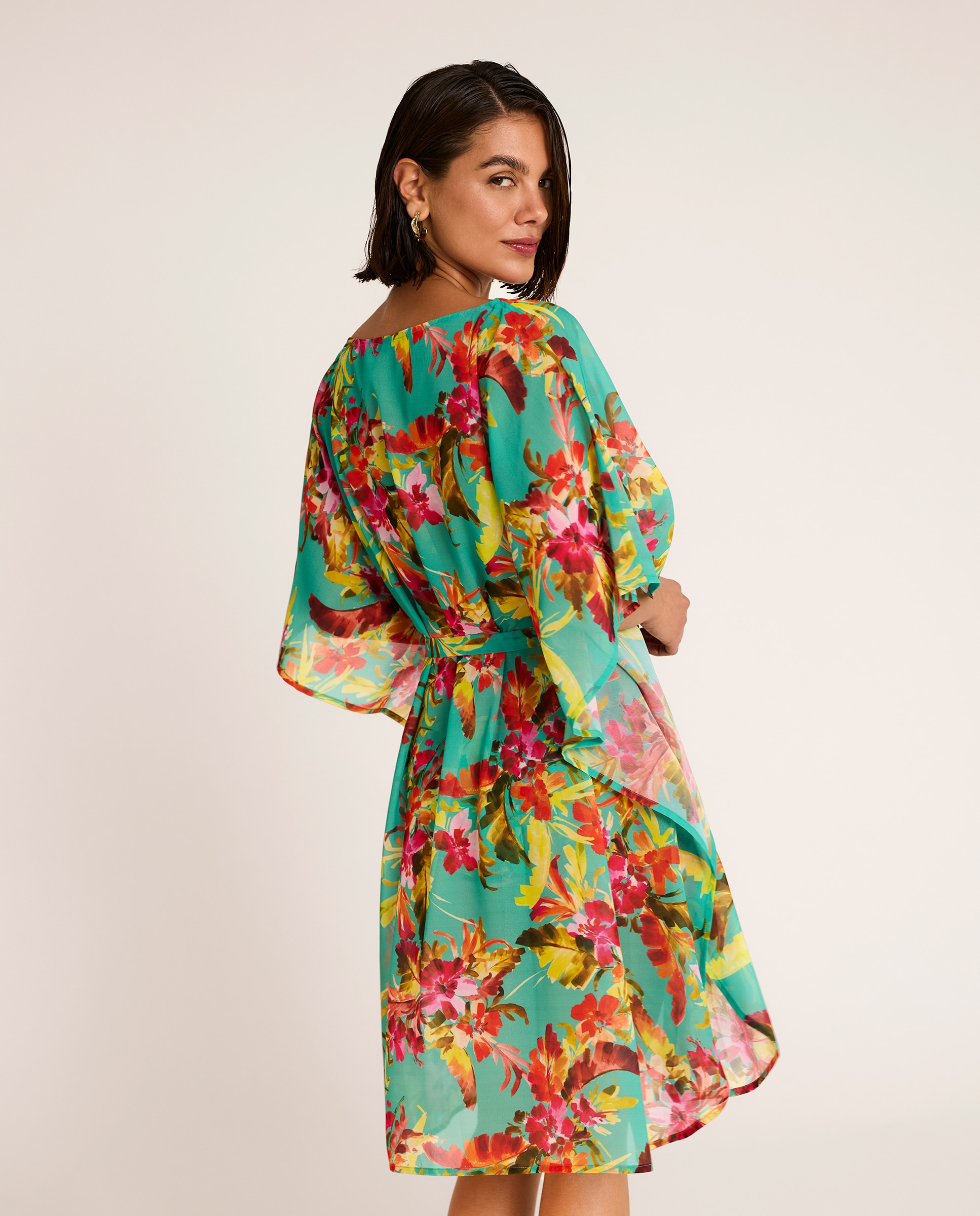 Kaftan Curto com Cinto Manga Morcego, Coleção Trópico Multicolor-2