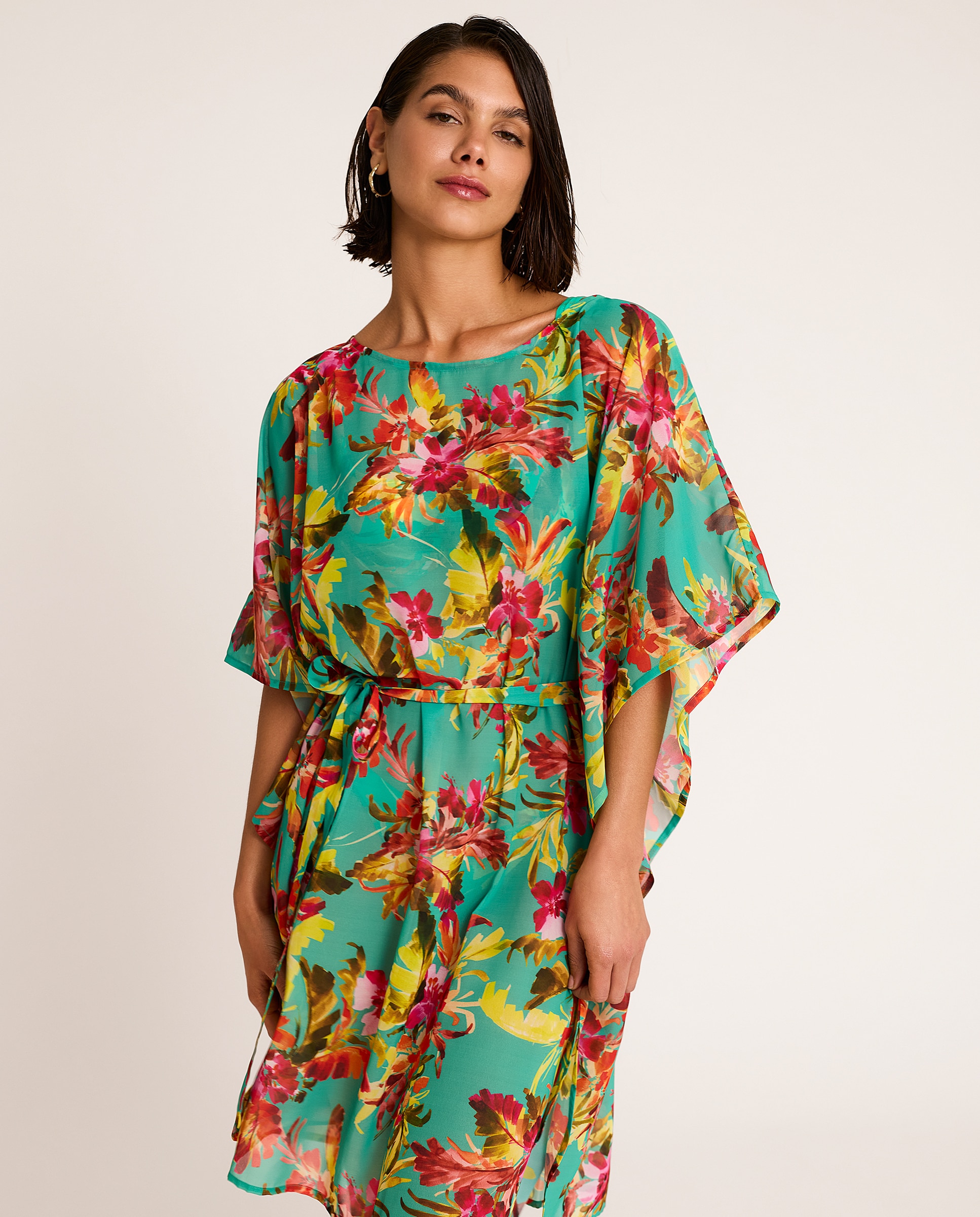 Kaftan Curto com Cinto Manga Morcego, Coleção Trópico Multicolor-3