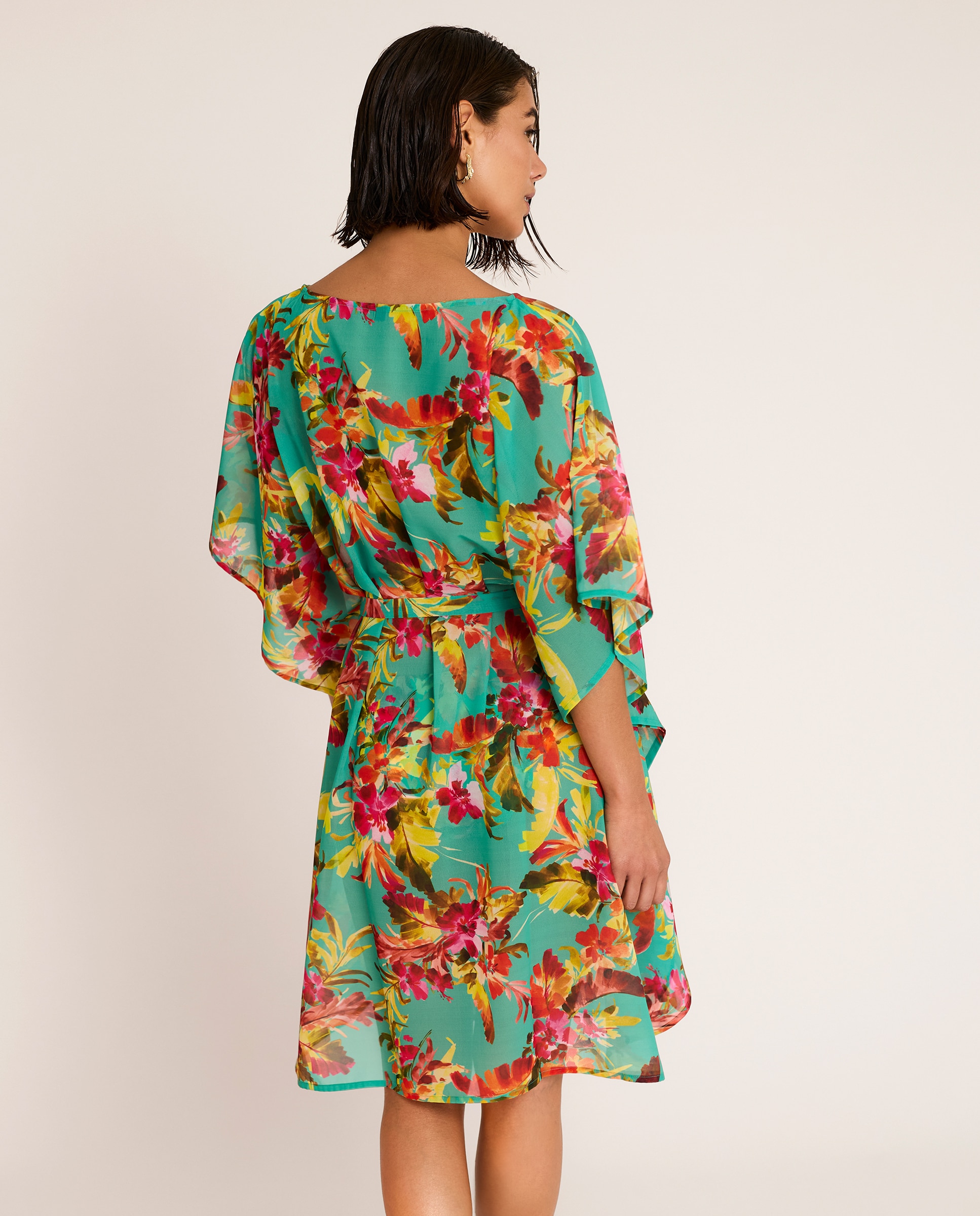 Kaftan Curto com Cinto Manga Morcego, Coleção Trópico Multicolor-4