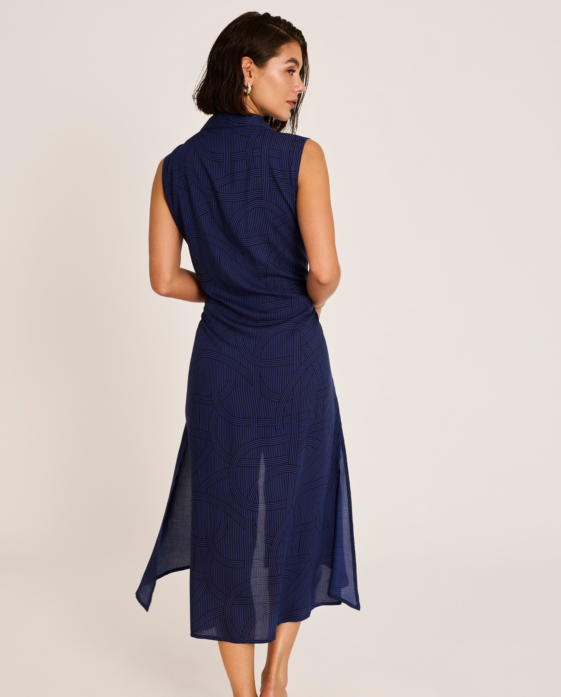 Vestido de Praia Comprido Cruzado com Gola Camisa, Coleção Reverie Azul-marinho-4