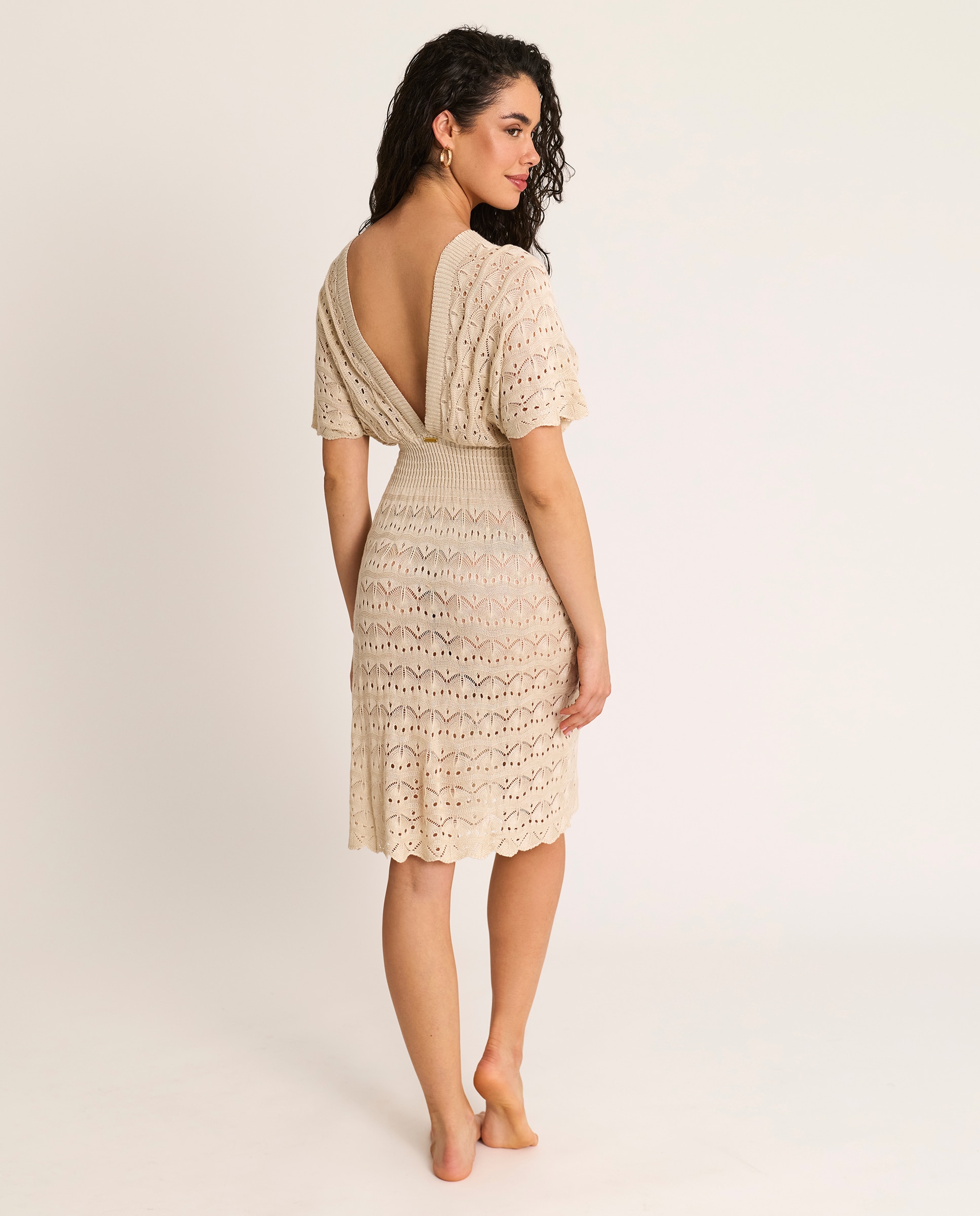 Vestido de Praia Curto de Malha e Decote em V Cru-2