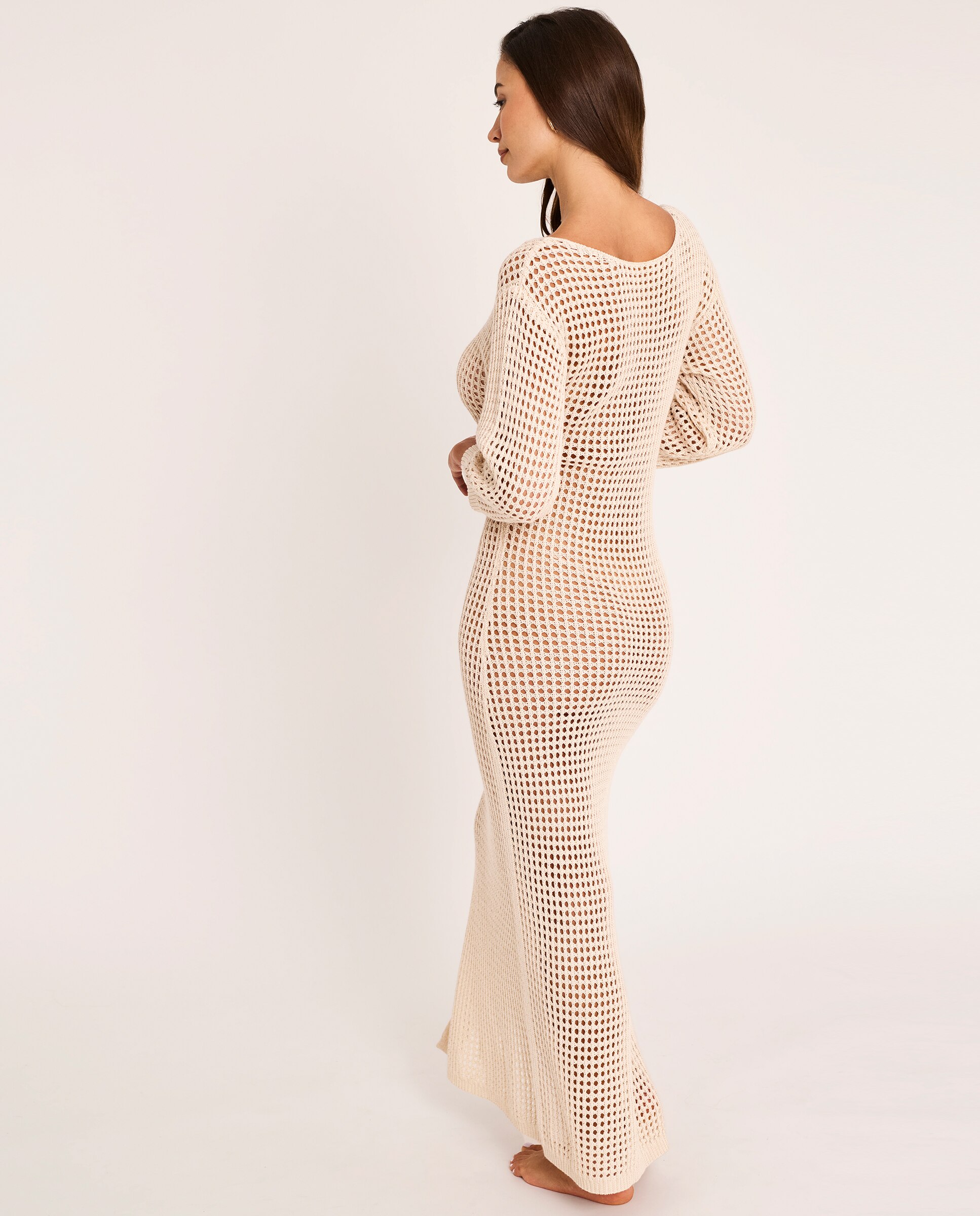 Vestido de Praia Comprido de Malha de Manga Comprida Cru-2