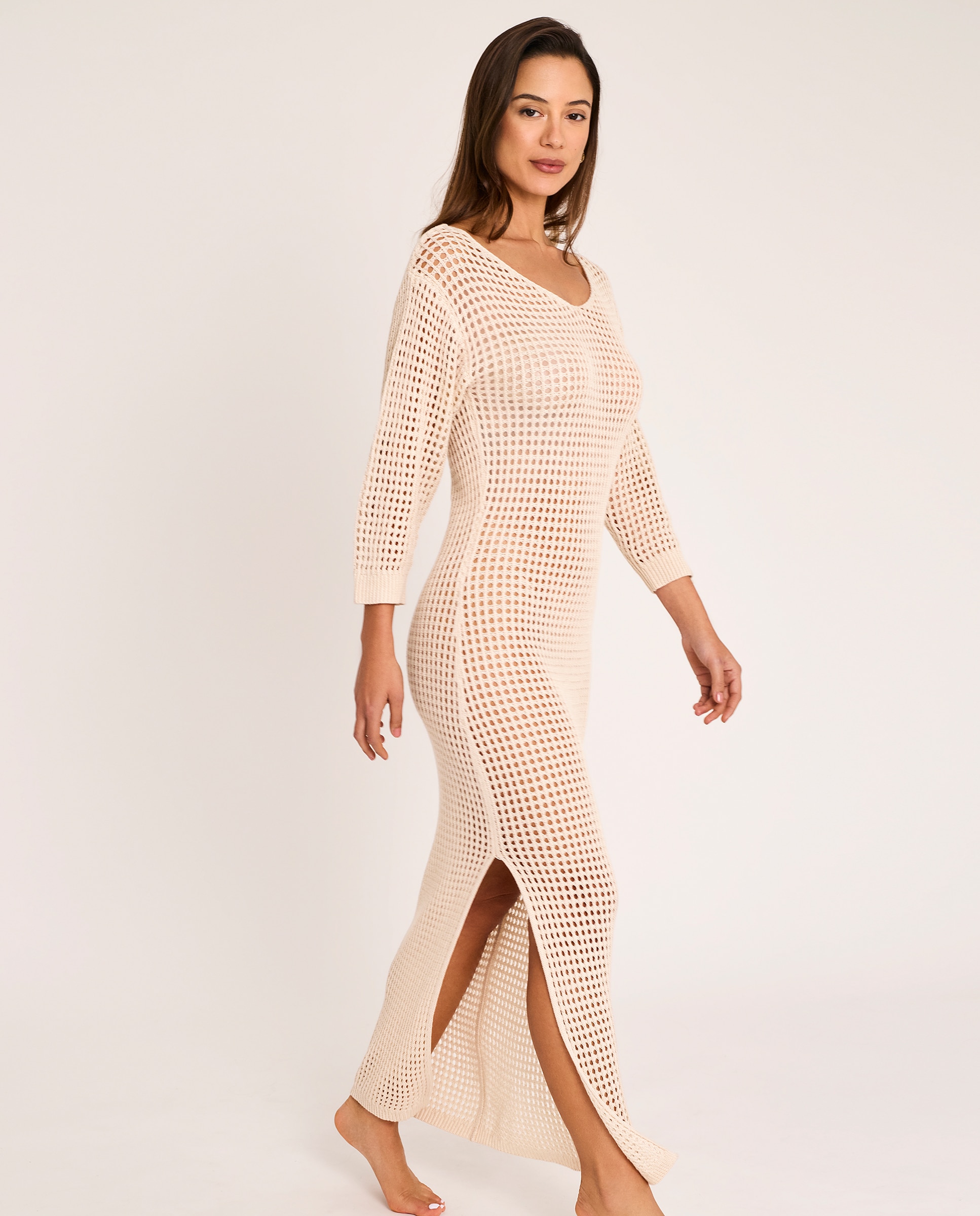 Vestido de Praia Comprido de Malha de Manga Comprida Cru-3