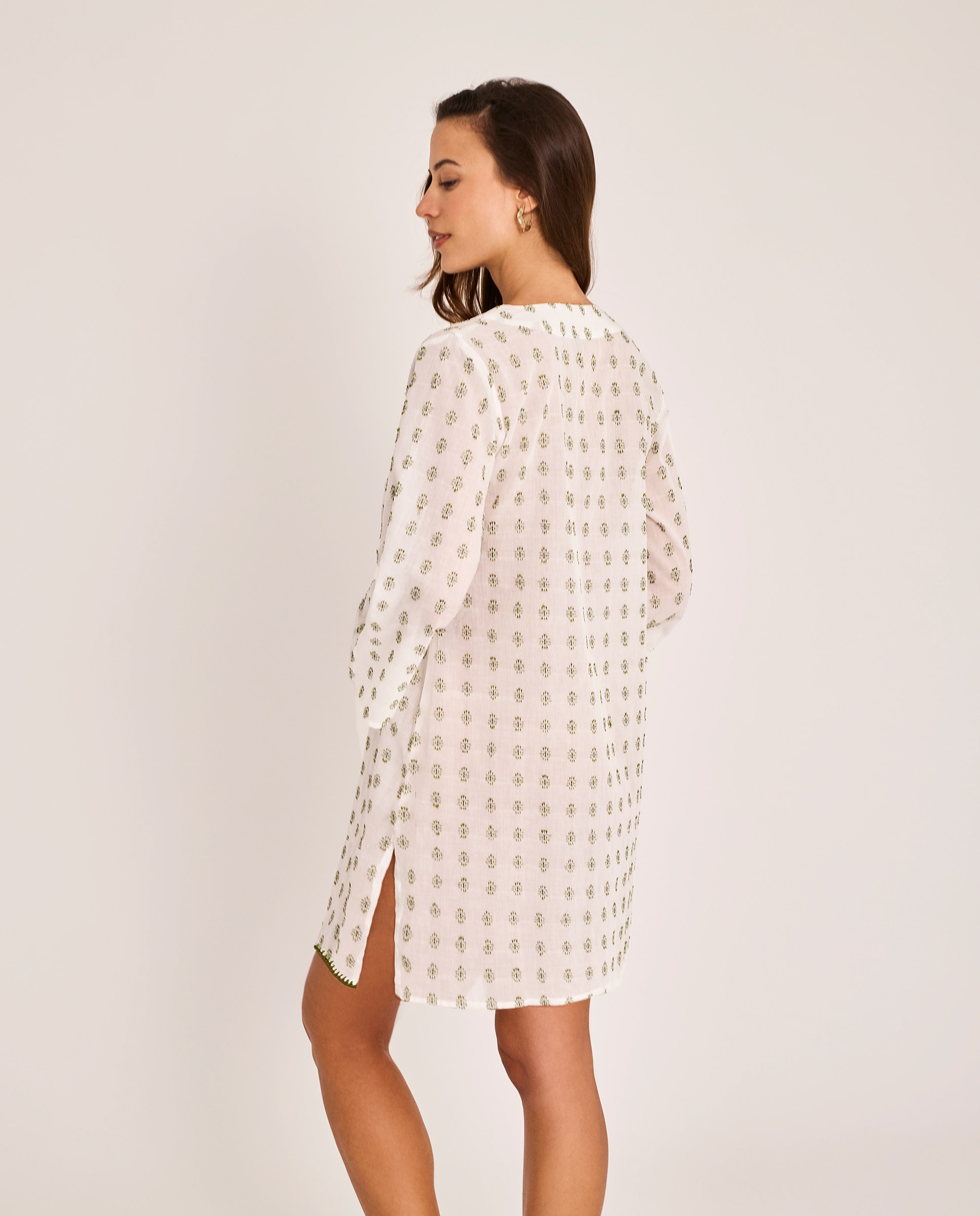 Vestido de Praia Curto de Manga Comprida Branco / Pistácio-2