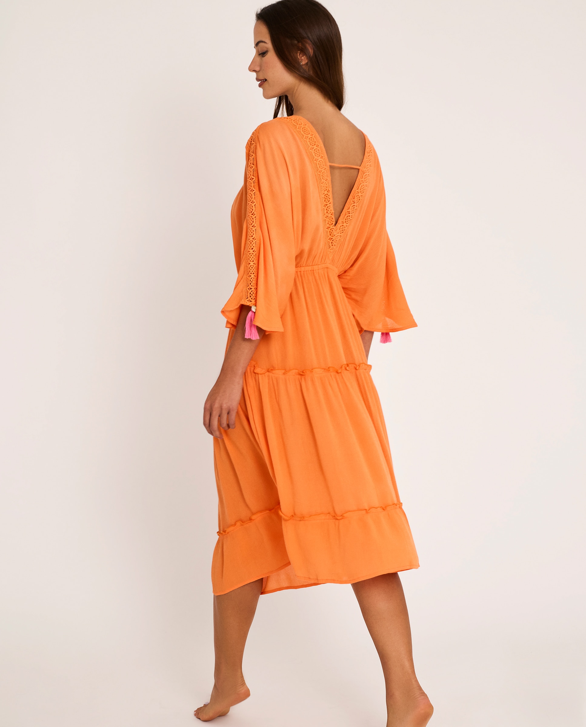 Vestido de Praia Boho Chic Comprido com Decote em V, Coleção Bikini Bay Laranja-forte-2