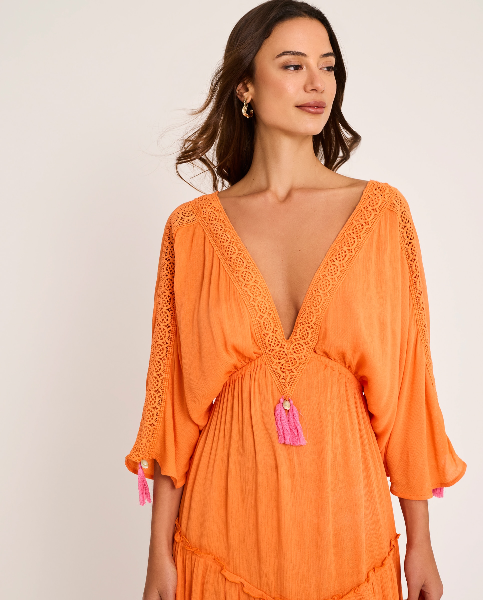 Vestido de Praia Boho Chic Comprido com Decote em V, Coleção Bikini Bay Laranja-forte-3