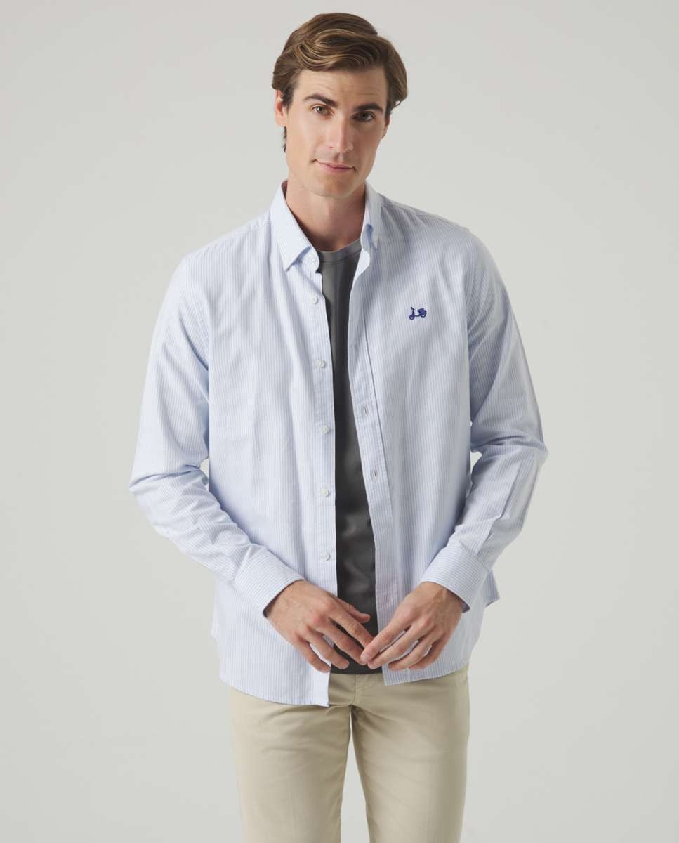 Camisa de Algodão Corte Regular Às Riscas em Azul Azul-1
