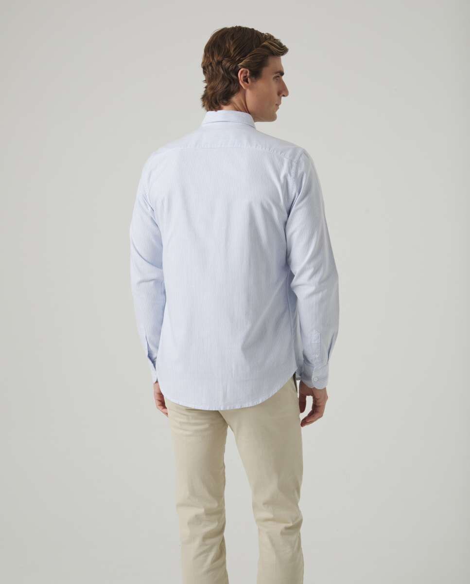 Camisa de Algodão Corte Regular Às Riscas em Azul Azul-2