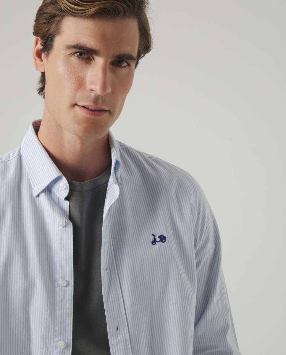 Camisa de Algodão Corte Regular Às Riscas em Azul Azul-3