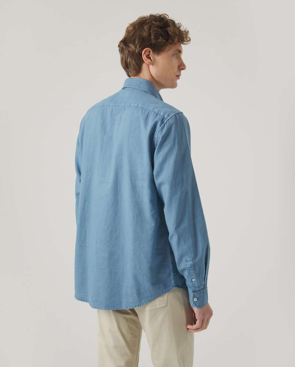 Camisa de Algodão com Corte Regular Lisa Azul denim-2