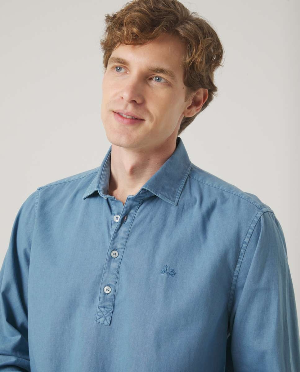 Camisa de Algodão com Corte Regular Lisa Azul denim-3