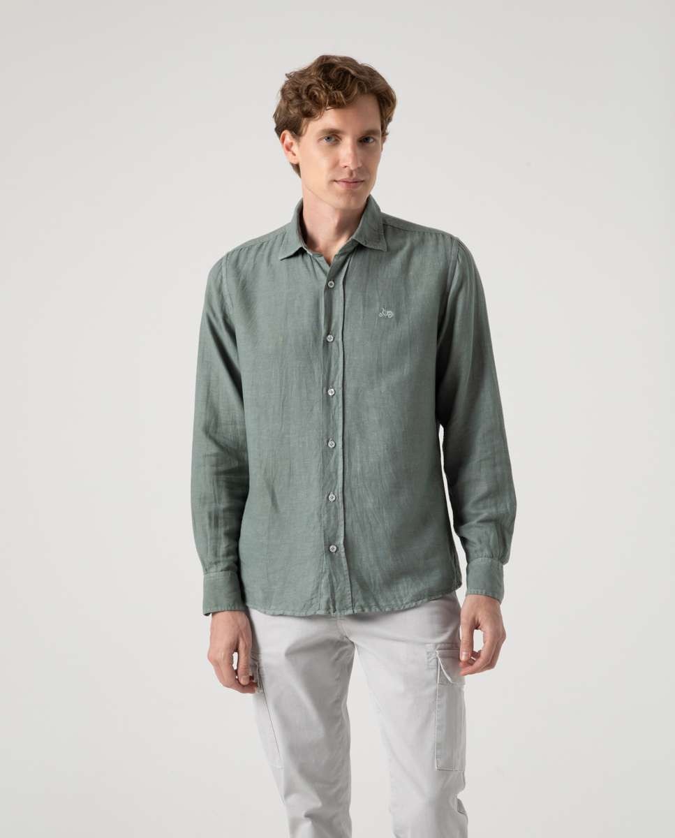 Camisa de Linho com Corte Regular Lisa Caqui-1