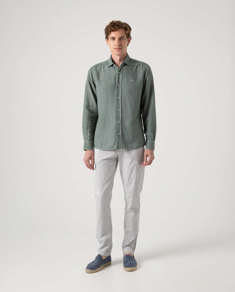 Camisa de Linho com Corte Regular Lisa Caqui-4