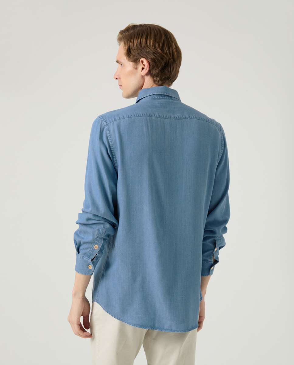 Camisa de Algodão com Corte Regular Lisa Azul denim-2